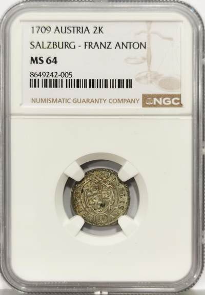 博洋堂世界钱币拍卖第164期（全场包邮） - NGC MS64 神罗奥地利萨尔茨堡1709年2克鲁泽银币，大主教弗朗茨·安东统治时期，稀见品种，仅有2枚更高分