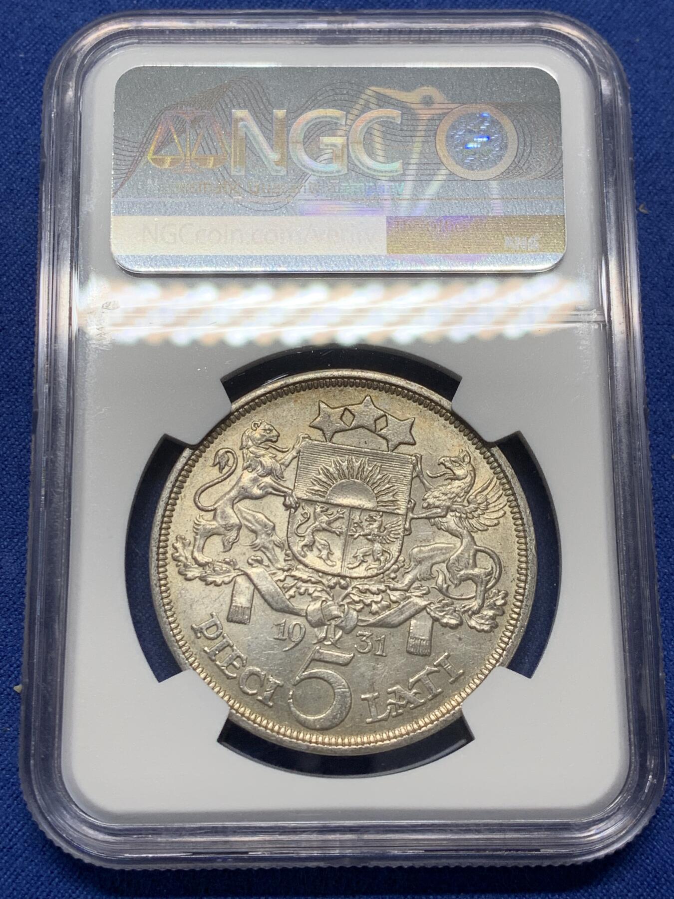 《竞宝斋》第469场 周日，周一 2场连拍 （全场包邮）欢迎送拍 NGC AU58 拉脱维亚1931年谷物女神5拉特银币，状态非常好，略低评