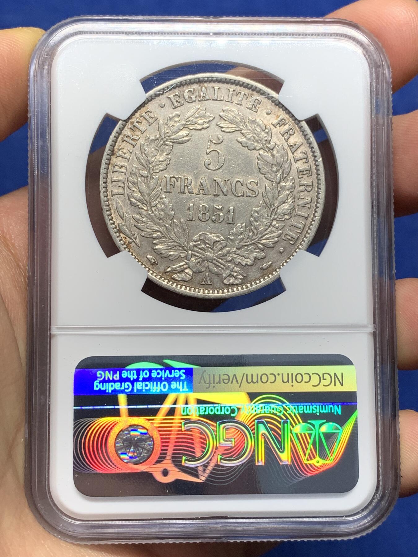 《竞宝斋》第469场 周日，周一 2场连拍 （全场包邮）欢迎送拍 NGC AUD 法国1851年谷物女神5法郎大银币 A厂铭 状态还不错