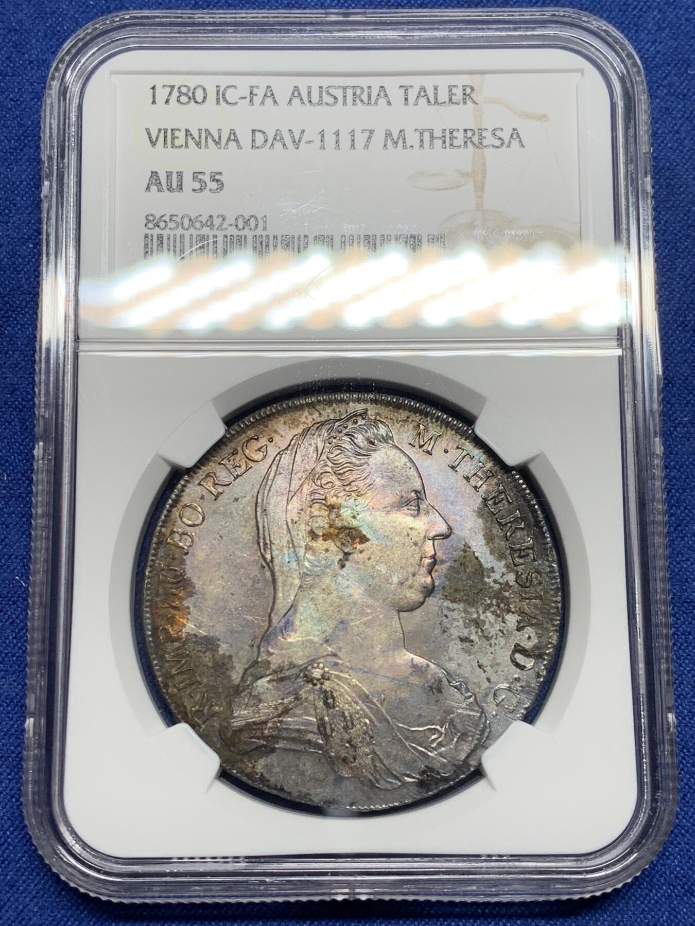 《竞宝斋》第469场 周日，周一 2场连拍 （全场包邮）欢迎送拍 NGC AU55 奥地利 1780年 原铸玛利亚特蕾莎大奶妈泰勒大银币 维也纳版 正面环彩 背面蓝五彩包浆 历史感厚重