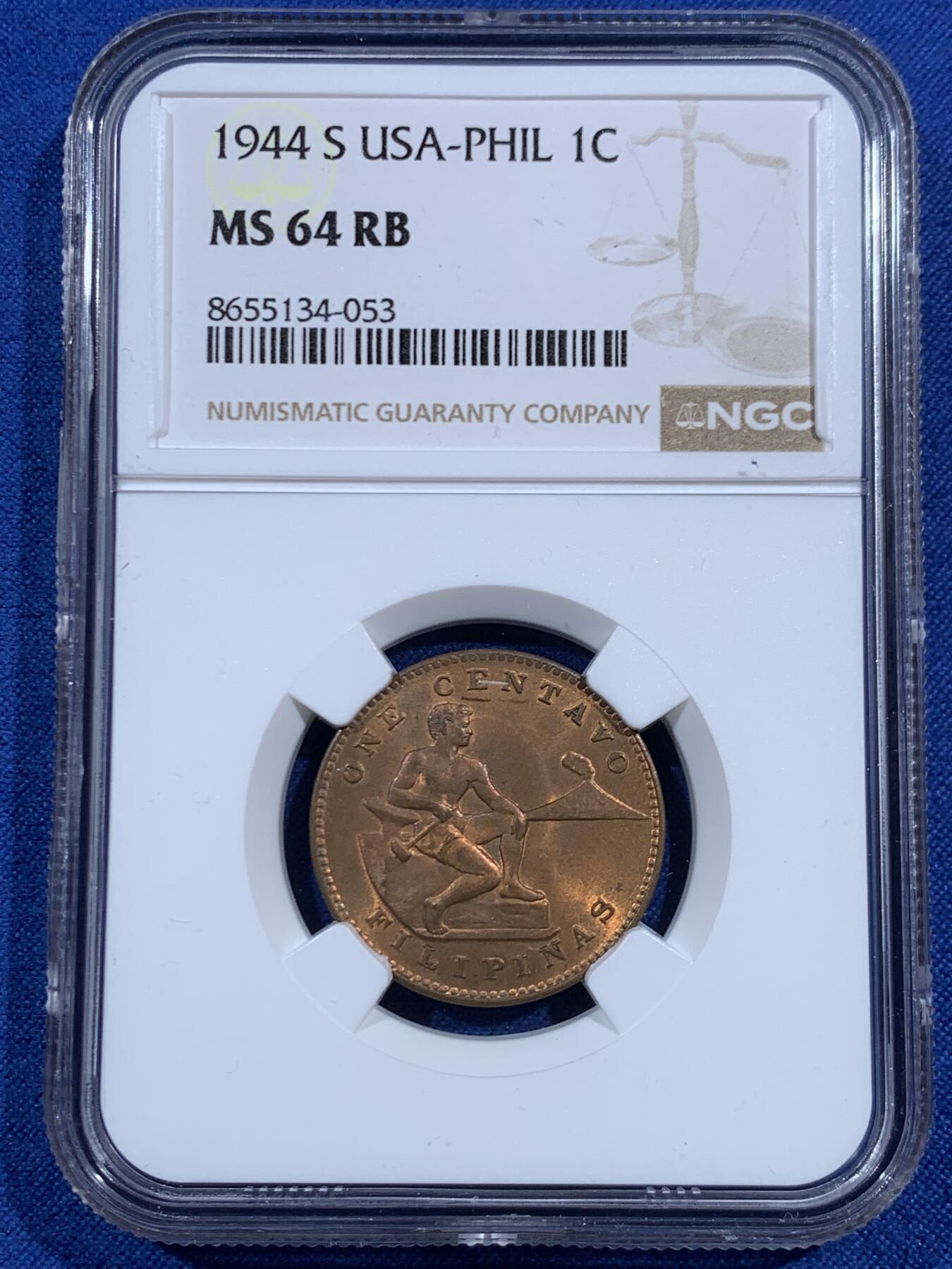 《竞宝斋》第469场 周日，周一 2场连拍 （全场包邮）欢迎送拍 NGC MS64RB 美属菲律宾1944s1分 铜光十分充沛的一枚 状态接近RD 细节光度都不错