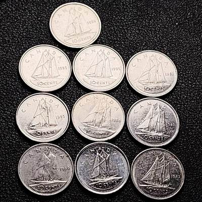 泉币菌-第206场-拍品多 请提前出价 - 10枚 高币值一组 加拿大10分镍币 帆船 伊丽莎白二世 混合年份未挑 