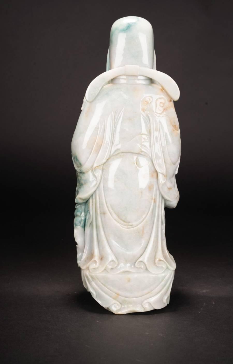 上海都达杂项专场四十九【全场包邮】  天然老坑冰糯种翡翠（A）货整料精雕超大尊《三星拱照 吉祥如意》福禄寿摆件连黑檀木佛龛