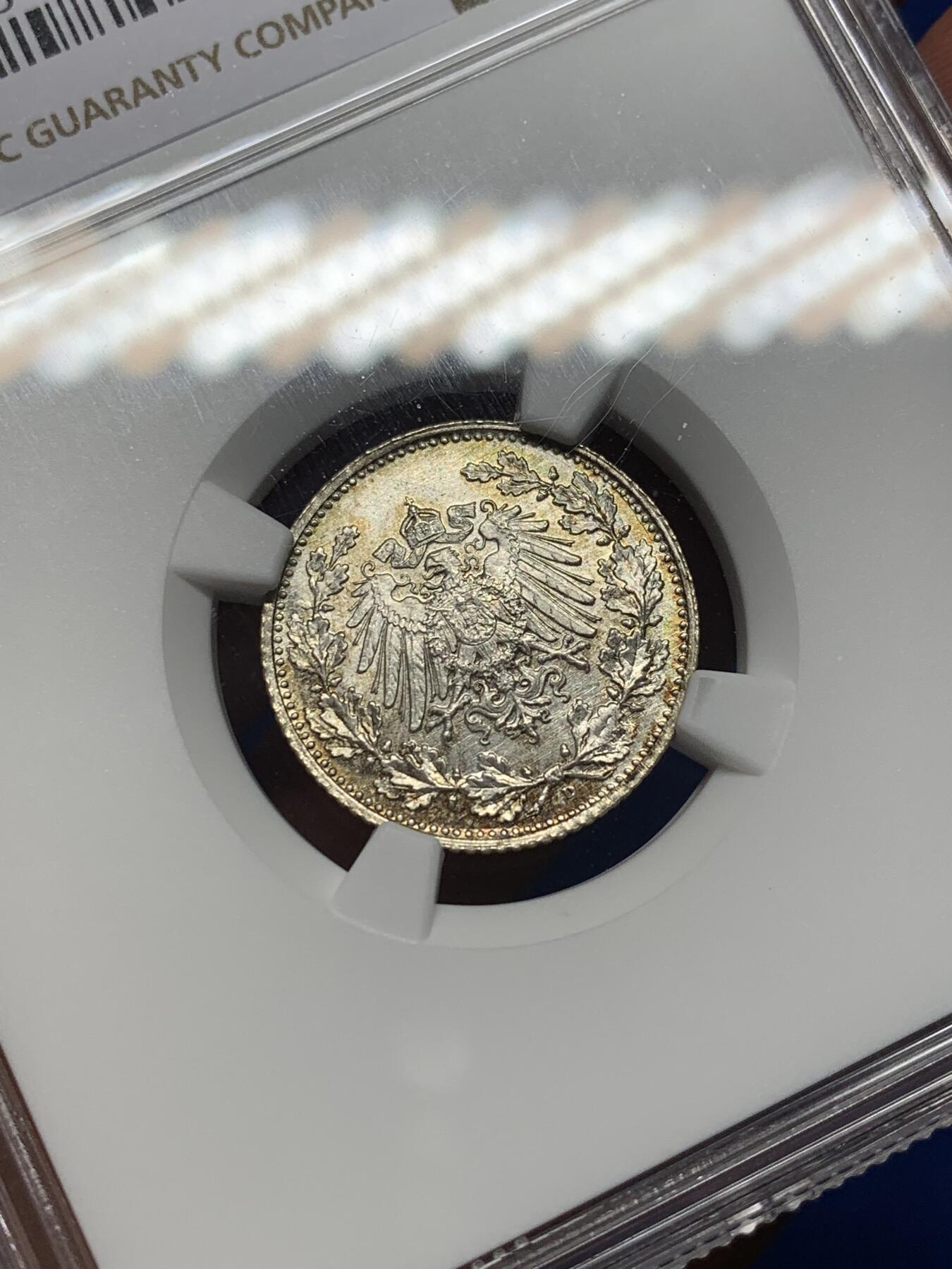 《竞宝斋》第469场 周日，周一 2场连拍 （全场包邮）欢迎送拍 NGC MS66 德国1918年1/2马克银币，五彩包浆，状态极佳，高分藏品