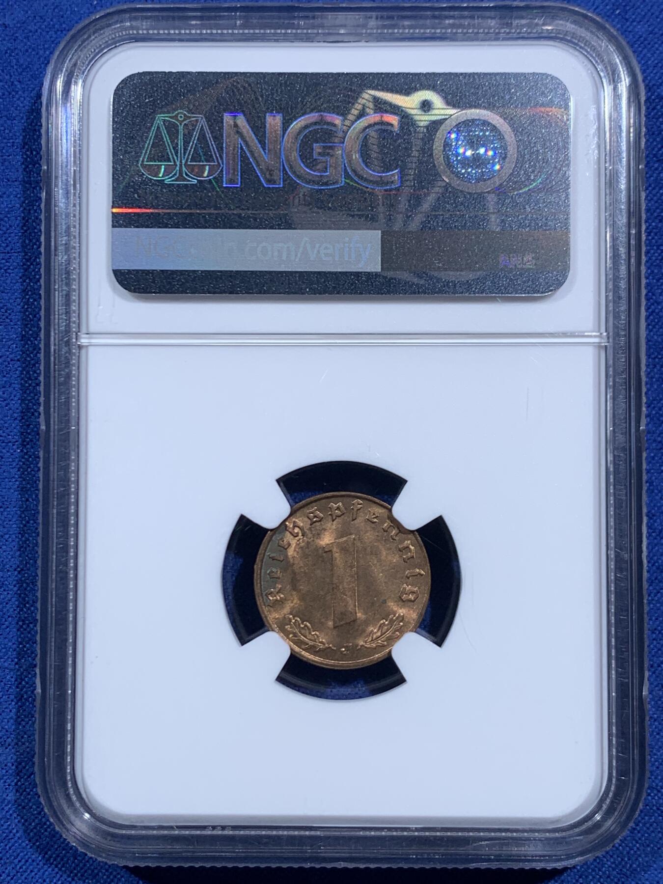 《竞宝斋》第469场 周日，周一 2场连拍 （全场包邮）欢迎送拍 三枚一组 NGC MS61BN/UNCD 德国带风车1芬尼铜币，其中两枚61分，一枚BU的UNCD，热门品种