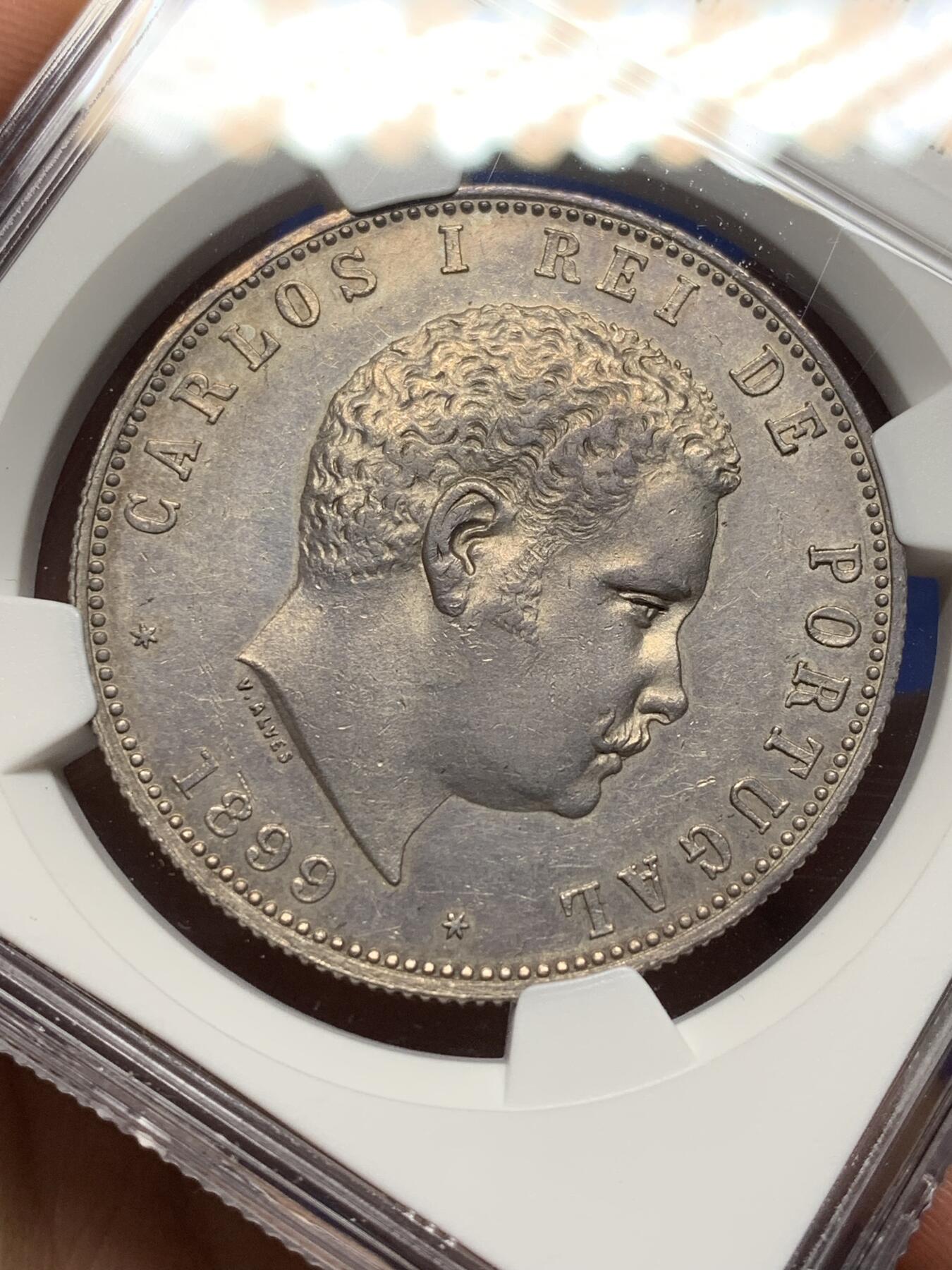 《竞宝斋》第469场 周日，周一 2场连拍 （全场包邮）欢迎送拍 NGC AUD 葡萄牙 1899年 卡洛斯一世 1000瑞斯大银币