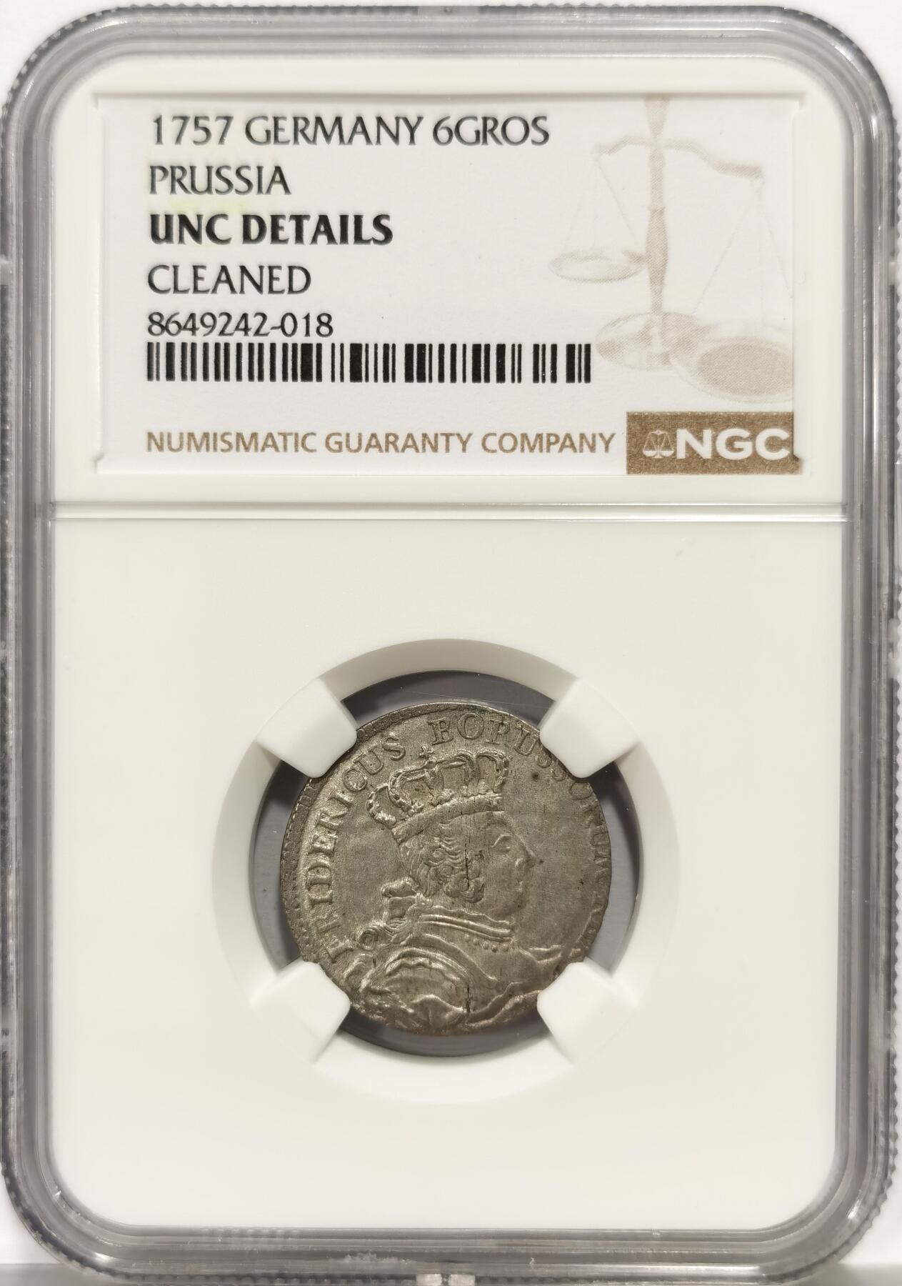 博洋堂世界钱币拍卖第164期（全场包邮） NGC UNC 德国普鲁士1757年6格罗申银币