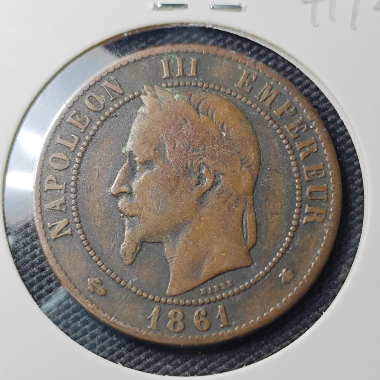 KK钱币收藏小铺   第404期 2月预留时间 周末发货  1861法国拿三10分铜币