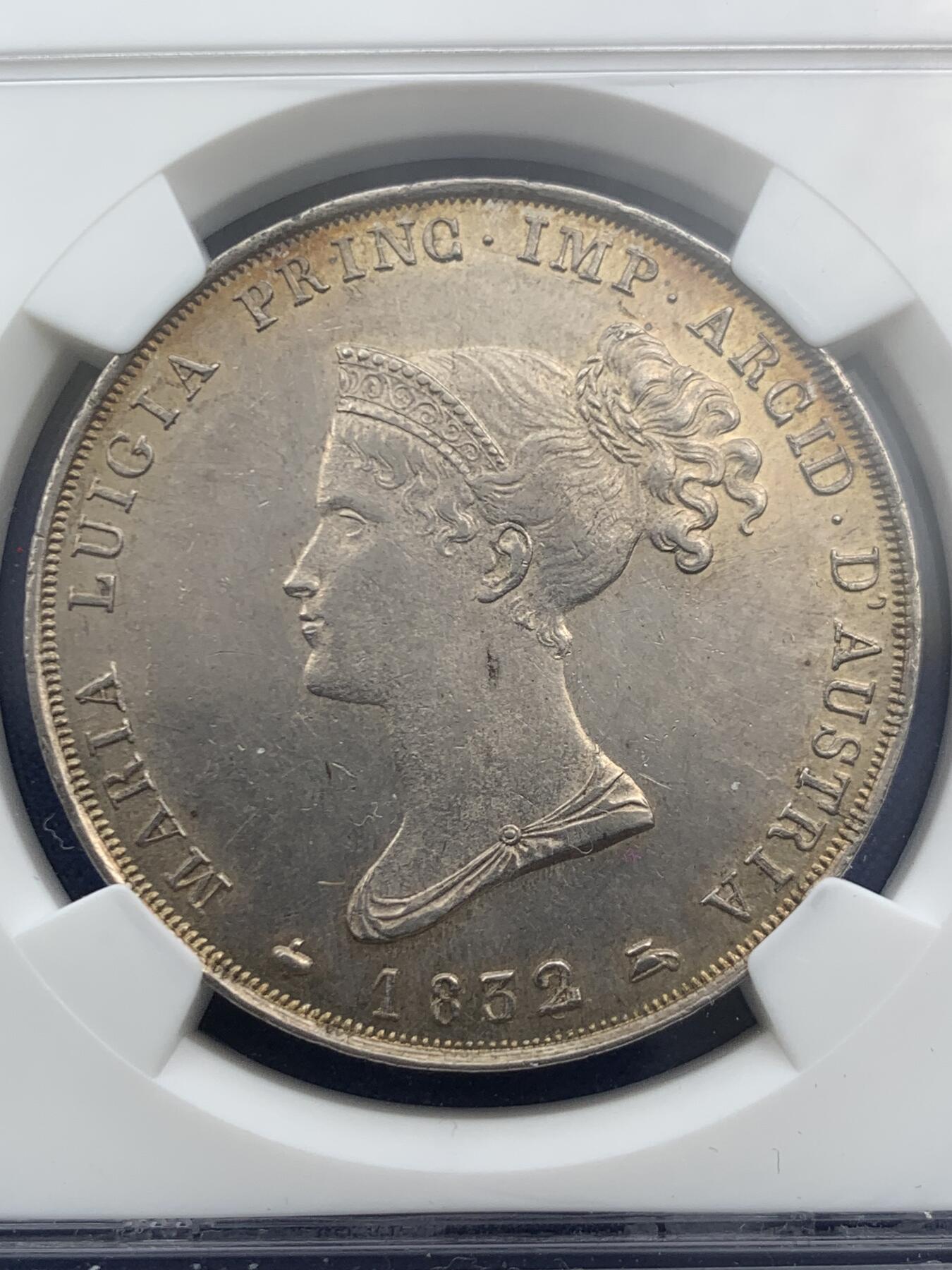 《竞宝斋》第469场 周日，周一 2场连拍 （全场包邮）欢迎送拍 NGC AU58 意大利帕尔马1832/15骑字5里拉大银币，正面为拿破仑皇后、女大公玛丽亚·露易丝，背面公国纹章繁复华丽。底板PL感足，实物观感极佳，不输MS，堪称同分中的战斗机。骑字版尤为稀少，更高仅有7枚。意系法系交汇的名誉品，国际拍卖大热点