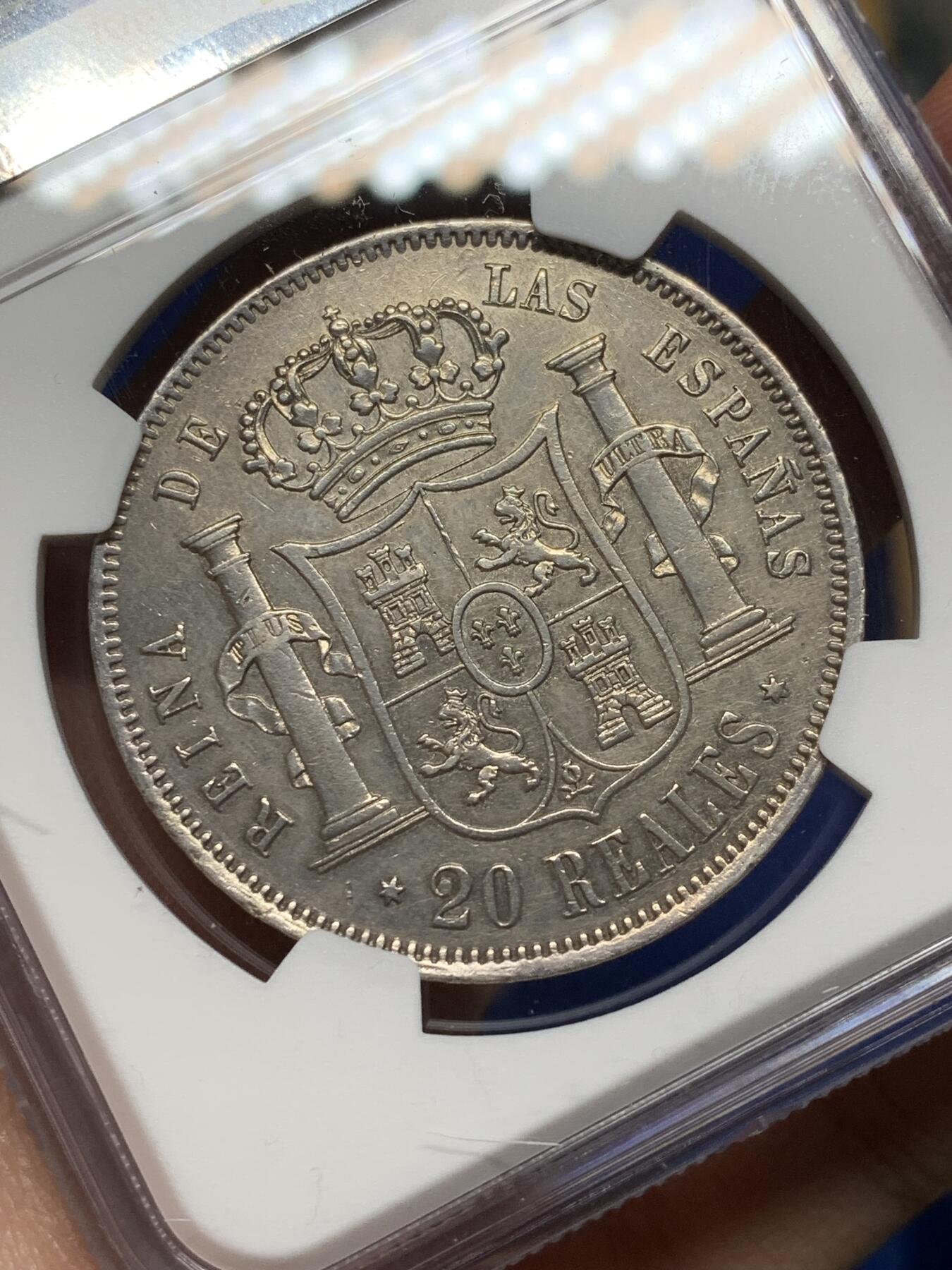 《竞宝斋》第469场 周日，周一 2场连拍 （全场包邮）欢迎送拍 NGC AUD 西班牙 1860年 猪头妹 20R大银币