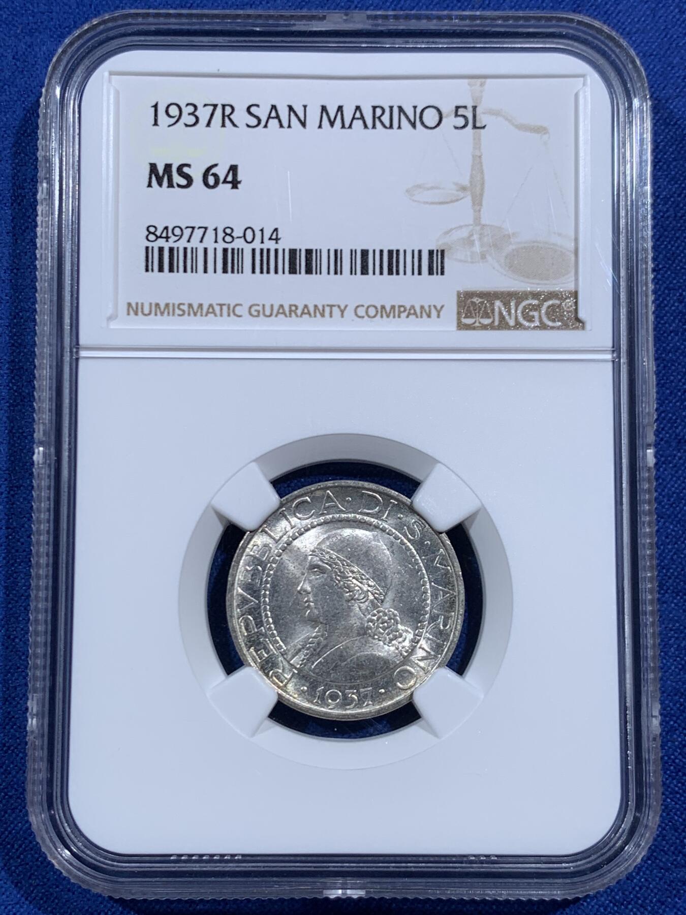 《竞宝斋》第469场 周日，周一 2场连拍 （全场包邮）欢迎送拍 NGC MS64 圣马力诺1937年女神半身像5里拉银币