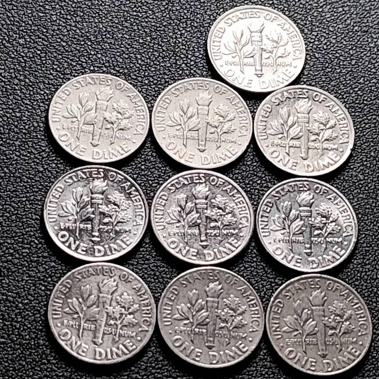 泉币菌-第206场-拍品多 请提前出价 10枚 高币值一组 美国10美分 罗斯福总统 混合年份未挑