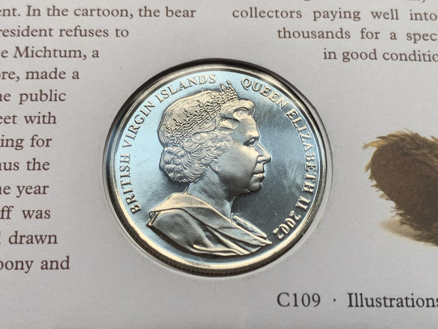 《竞宝斋》第469场 周日，周一 2场连拍 （全场包邮）欢迎送拍 英属维京群岛2002年泰迪熊100周年1元纪念币，附泰迪熊邮票和邮戳