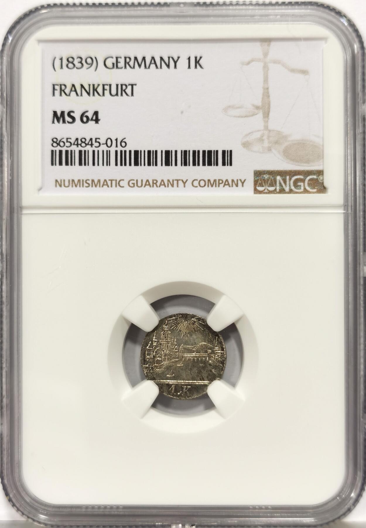 博洋堂世界钱币拍卖第164期（全场包邮） NGC MS64 德国法兰克福1839年城市景观1克鲁泽银币