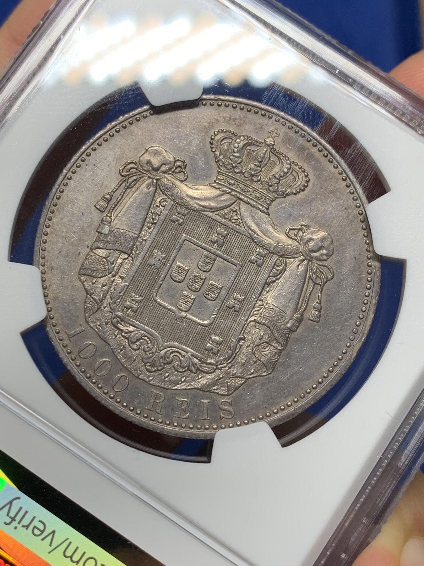 《竞宝斋》第469场 周日，周一 2场连拍 （全场包邮）欢迎送拍 NGC AUD 葡萄牙 1899年 卡洛斯一世 1000瑞斯大银币