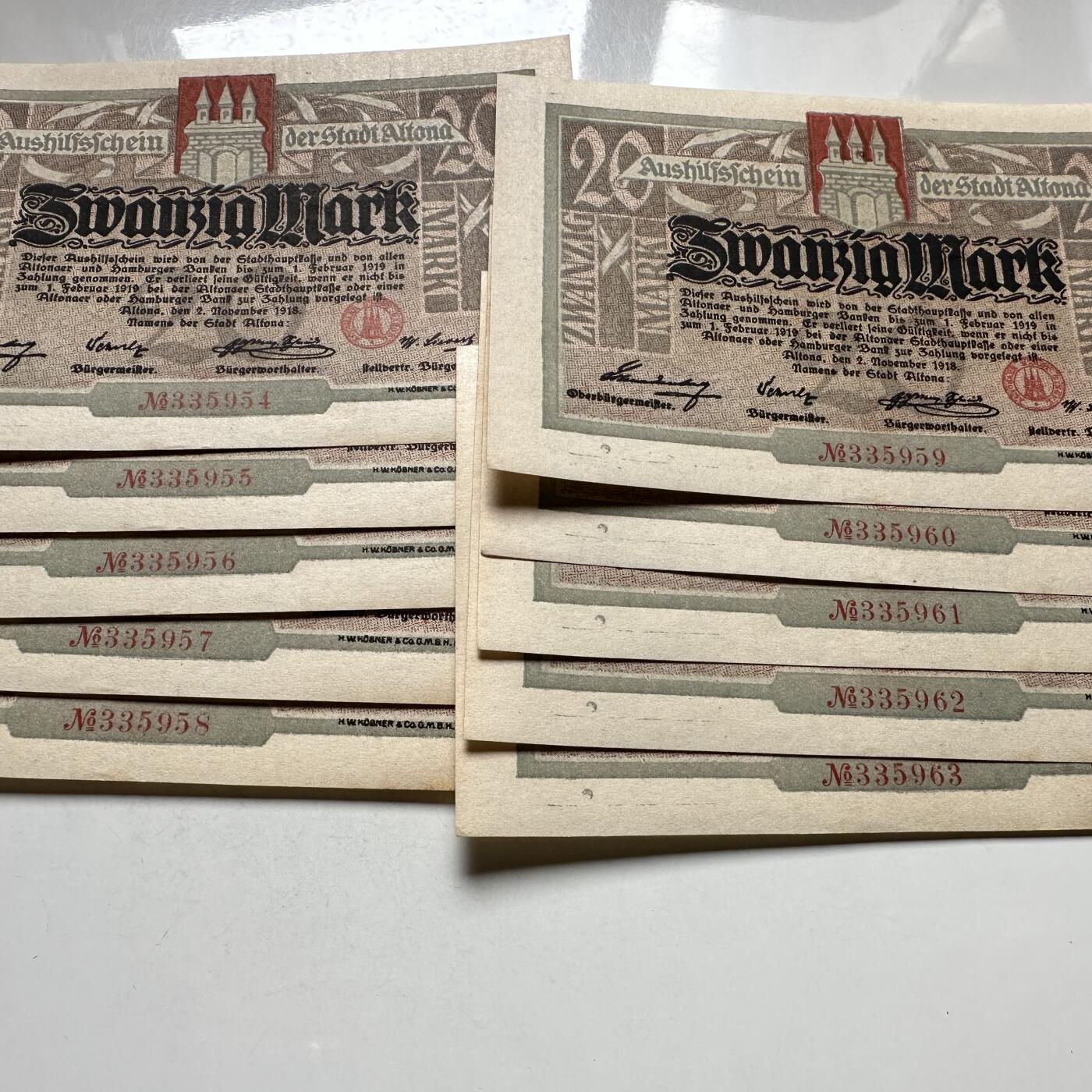 🌹外币初藏🌹🐯2026年第27场   每周二四六晚8️⃣点 接代拍 德国1918年阿尔托纳市 20马克紧急纸币 全新10连号