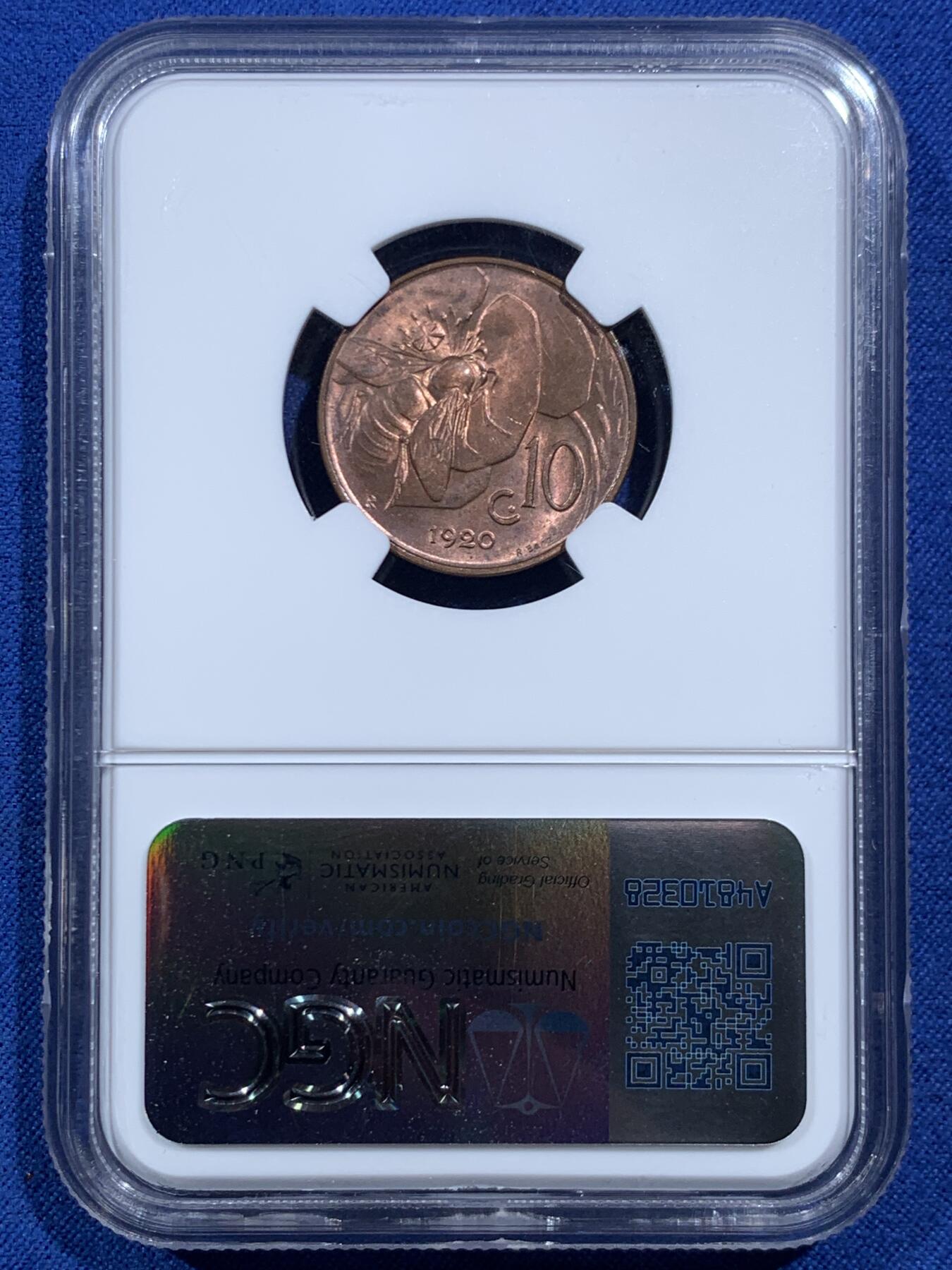 《竞宝斋》第469场 周日，周一 2场连拍 （全场包邮）欢迎送拍 NGC MS64RB 意大利1920年小蜜蜂10分，古典主义风格代表作品，极美的设计，原铜光不容易