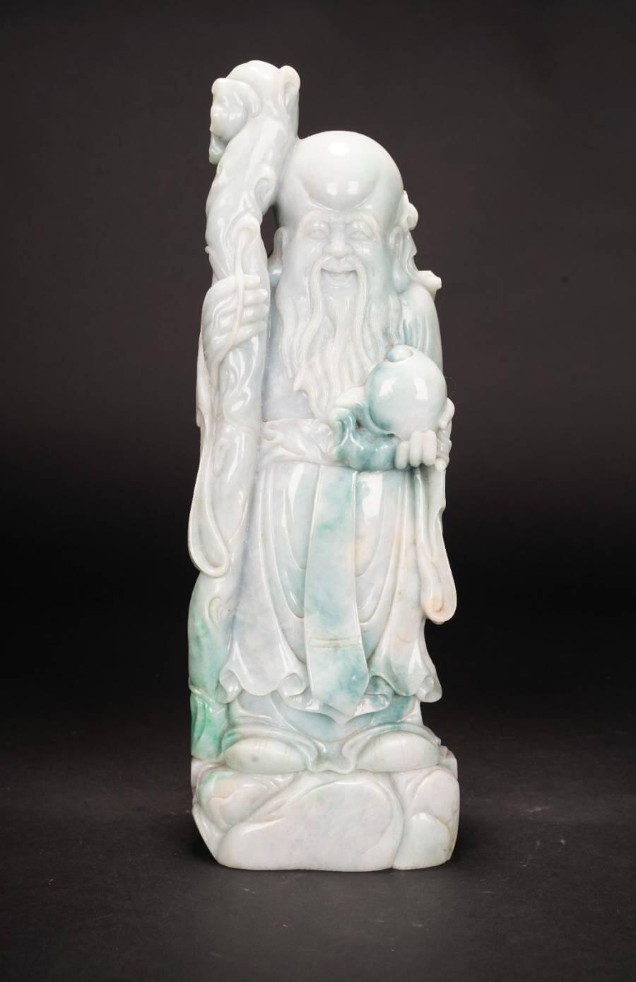 上海都达杂项专场四十九【全场包邮】  天然老坑冰糯种翡翠（A）货整料精雕超大尊《三星拱照 吉祥如意》福禄寿摆件连黑檀木佛龛