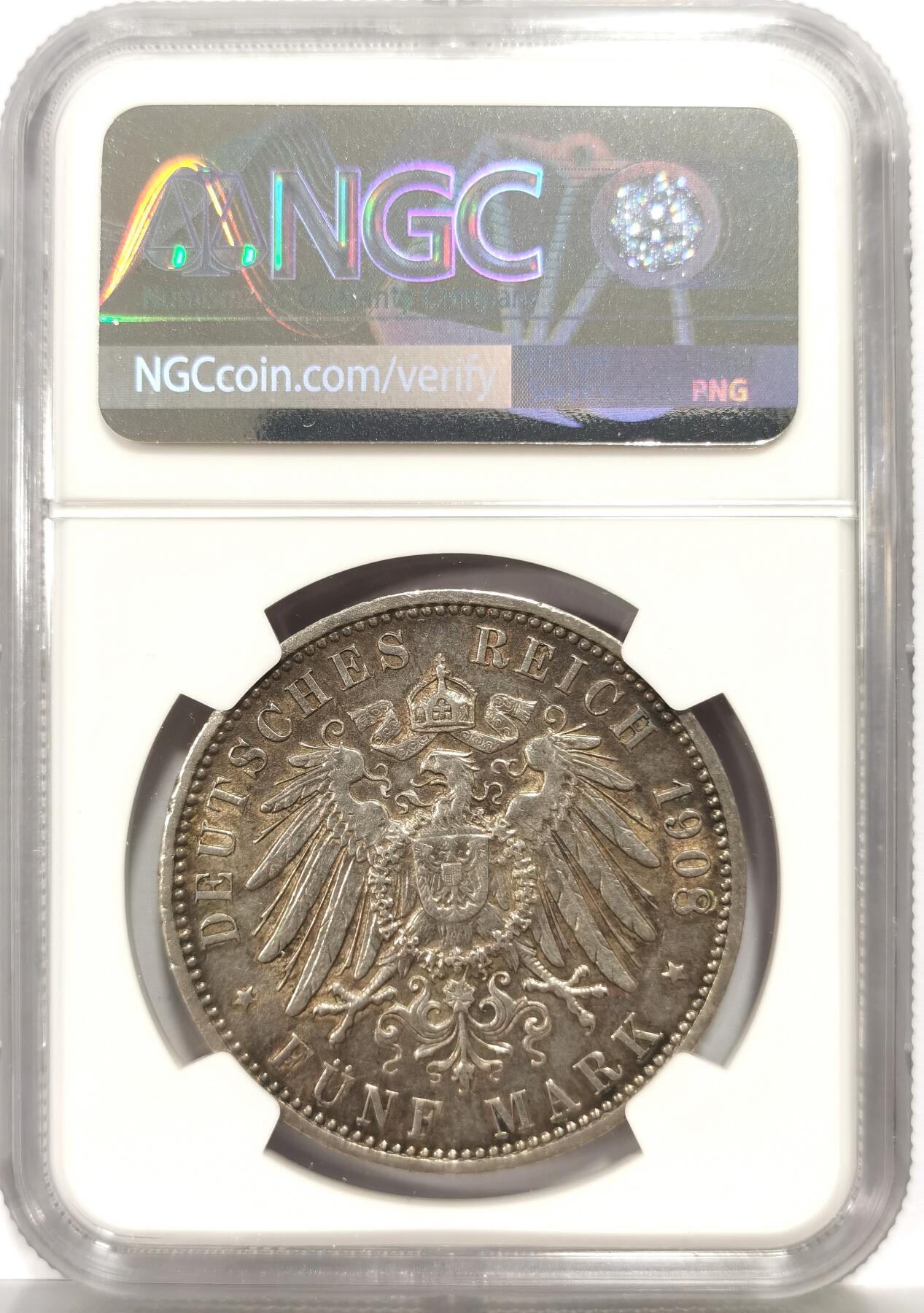 博洋堂世界钱币拍卖第164期（全场包邮） NGC AU 德国汉堡1908年5马克银币