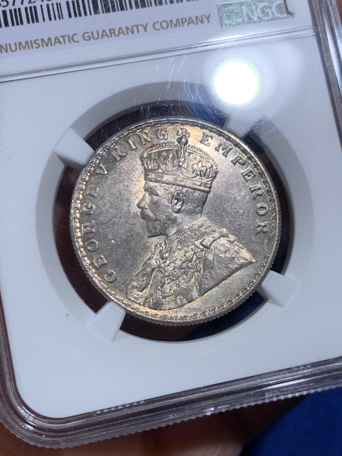 《竞宝斋》第469场 周日，周一 2场连拍 （全场包邮）欢迎送拍 NGC MS64 英属印度 1919年 乔治五世 1卢比 银币