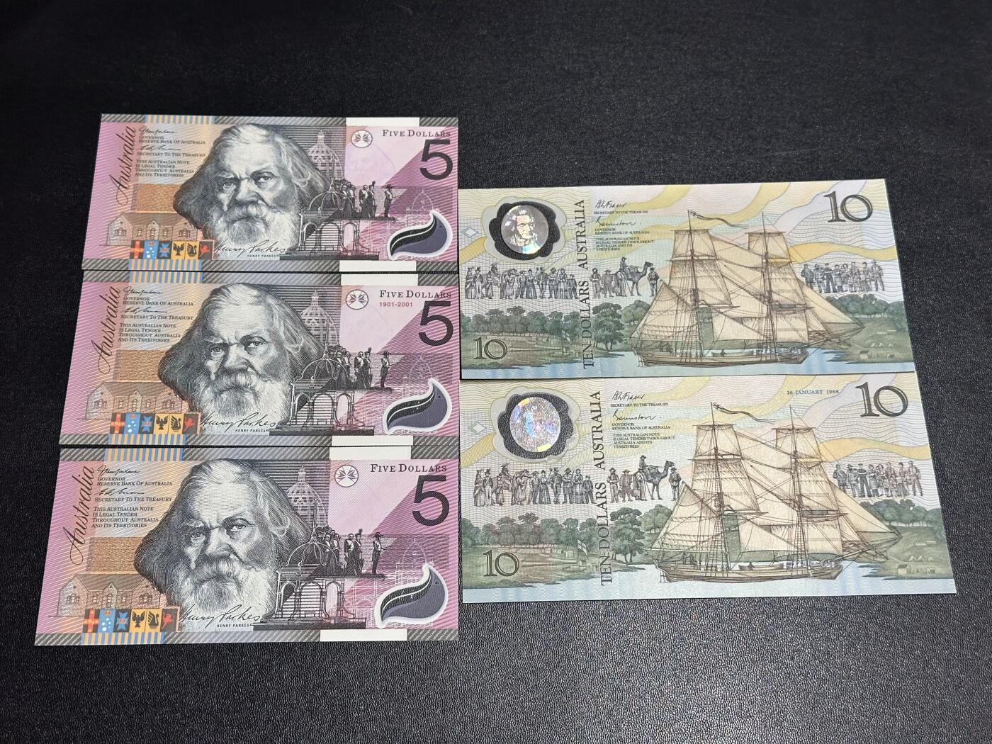 《外钞收藏家》第六百一十六期（精品场）（长期征集拍品、欢迎藏友们联系合作） 澳大利亚塑料钞5和10元 纪念钞 五张一起 全新UNC 其中三张AA冠