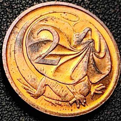 泉币菌-第206场-拍品多 请提前出价 原铜光极美 1984年 英属澳大利亚2分铜币 伞蜥蜴 伊丽莎白二世 21.5mm