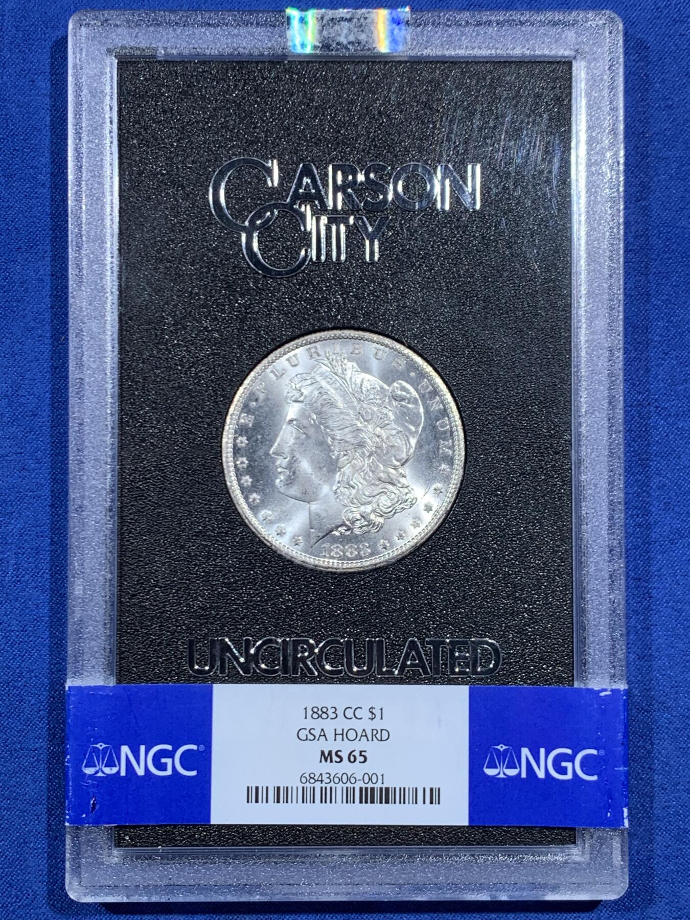 《竞宝斋》第469场 周日，周一 2场连拍 （全场包邮）欢迎送拍 NGC MS65 美国 1883 CC 摩根 稀有卡森厂 GSA绝版大封装 高分难得 车轮转光