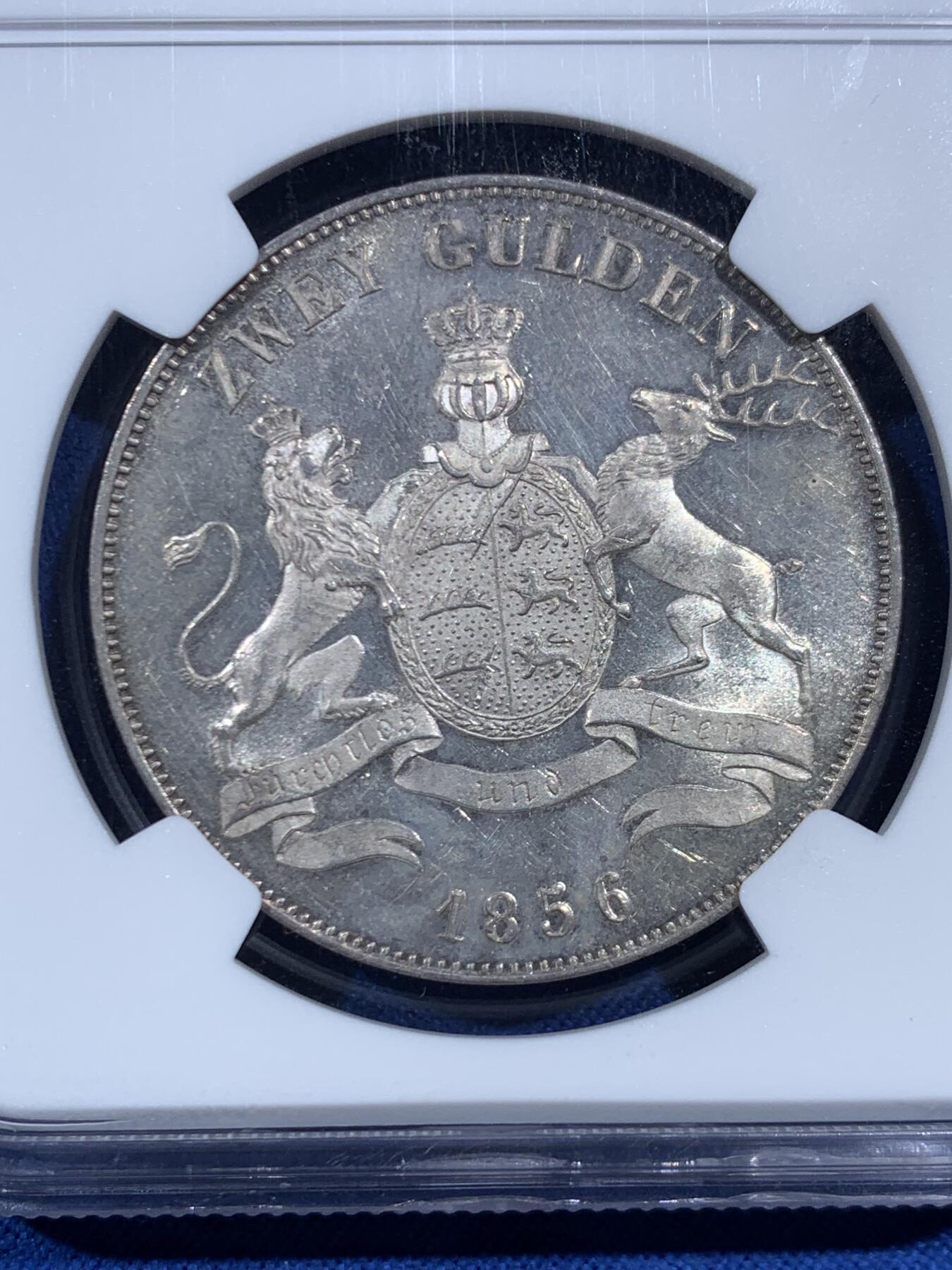 《竞宝斋》第469场 周日，周一 2场连拍 （全场包邮）欢迎送拍 唯一冠军分 NGC MS62 德国 1856年符腾堡 狮鹿盾徽2盾银币 转光明显 低评了 CNG买的裸币成本6500，值得入藏