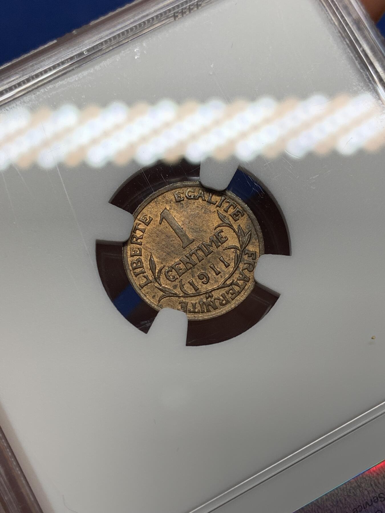 《竞宝斋》第469场 周日，周一 2场连拍 （全场包邮）欢迎送拍 NGC MS64RB 法国1911年1分铜币 经典女神图案 冠军分