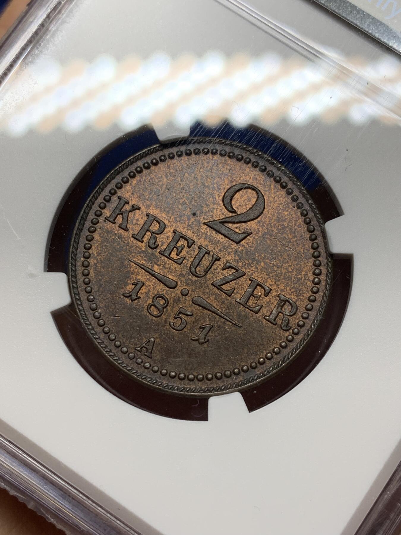 《竞宝斋》第469场 周日，周一 2场连拍 （全场包邮）欢迎送拍 NGC MS62BN 奥地利 1851年 2克鲁泽铜币