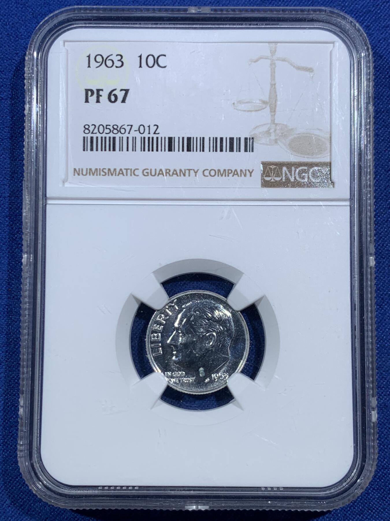 《竞宝斋》第469场 周日，周一 2场连拍 （全场包邮）欢迎送拍 NGC PF67 美国罗斯福1963年10分银币，精制币镜面感十足