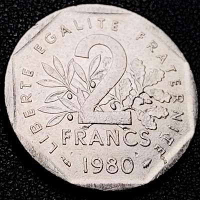 泉币菌-第206场-拍品多 请提前出价 1980年 法国2法郎镍币 播种女神 26.5mm 异形币