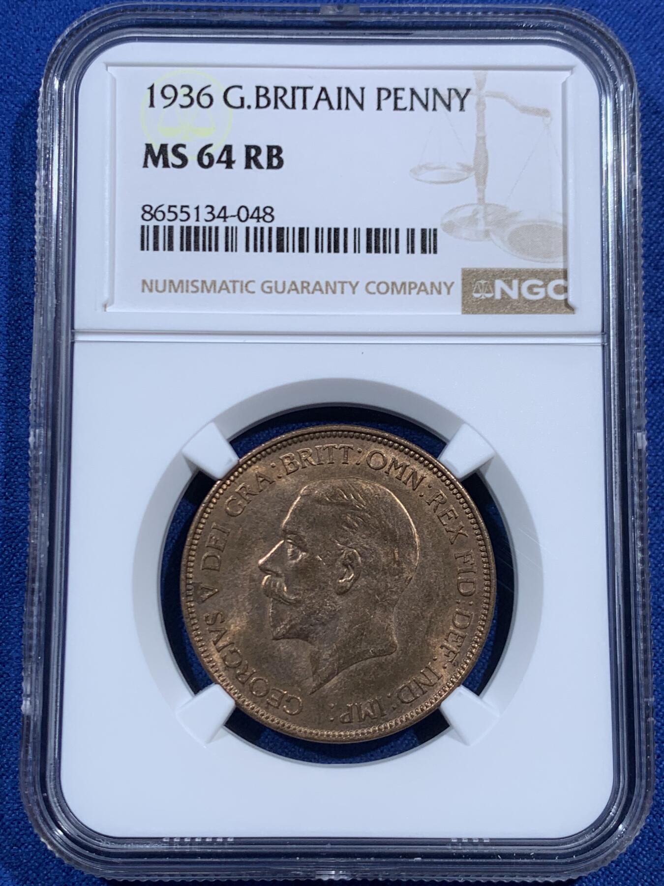 《竞宝斋》第469场 周日，周一 2场连拍 （全场包邮）欢迎送拍 NGC MS64RB 英国1936年乔五1便士 英系经典品种 背面为不列颠女神形象 细节光度都不错