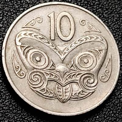 泉币菌-第206场-拍品多 请提前出价 新西兰1972年 10分铜镍币 伊丽莎白二世 毛利人面具 23.62mm