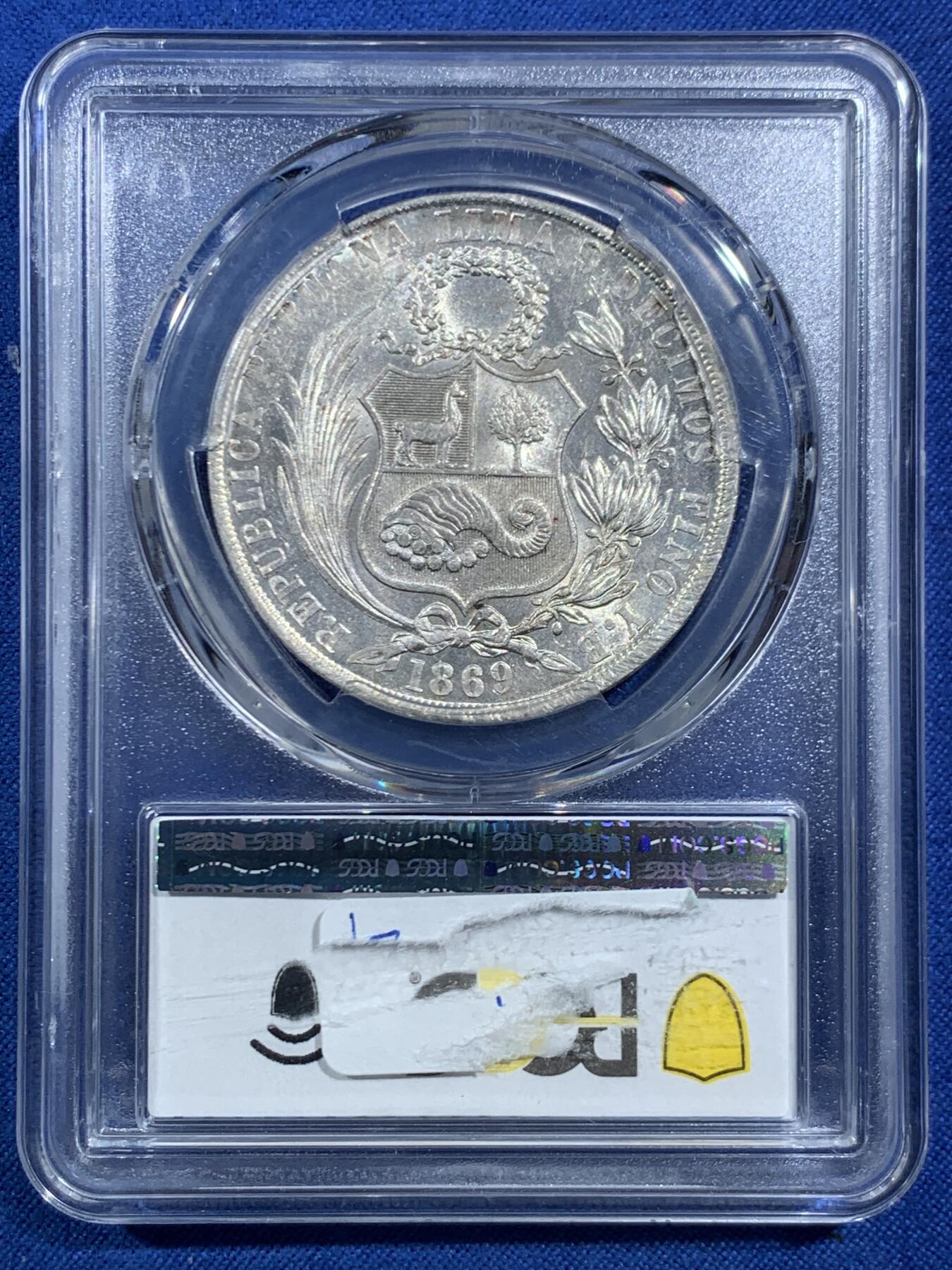 《竞宝斋》第469场 周日，周一 2场连拍 （全场包邮）欢迎送拍 PCGS MS62 秘鲁1869年1索尔银币，阿拉伯1版，早期年份高银版本