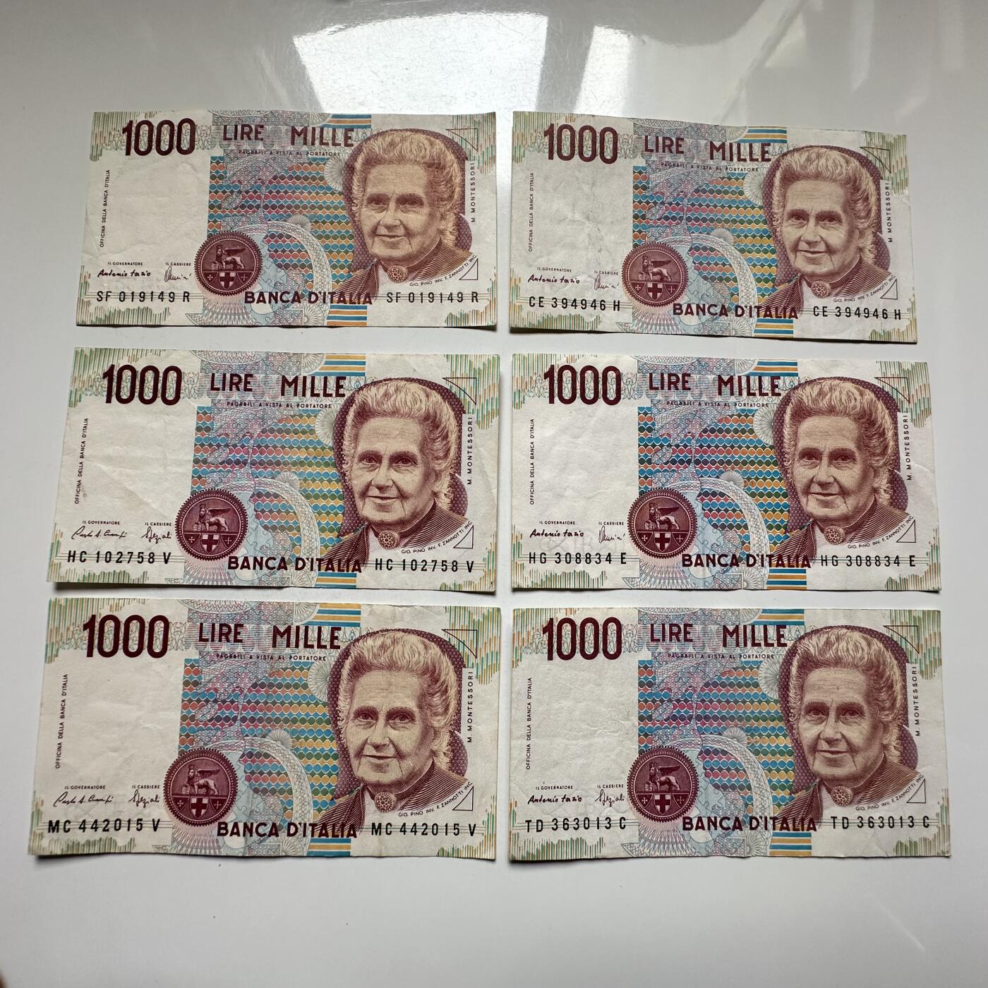 🌹外币初藏🌹🐯2026年第27场   每周二四六晚8️⃣点 接代拍 意大利1990年 1000里拉纸币（蒙台梭利版）六张一组 