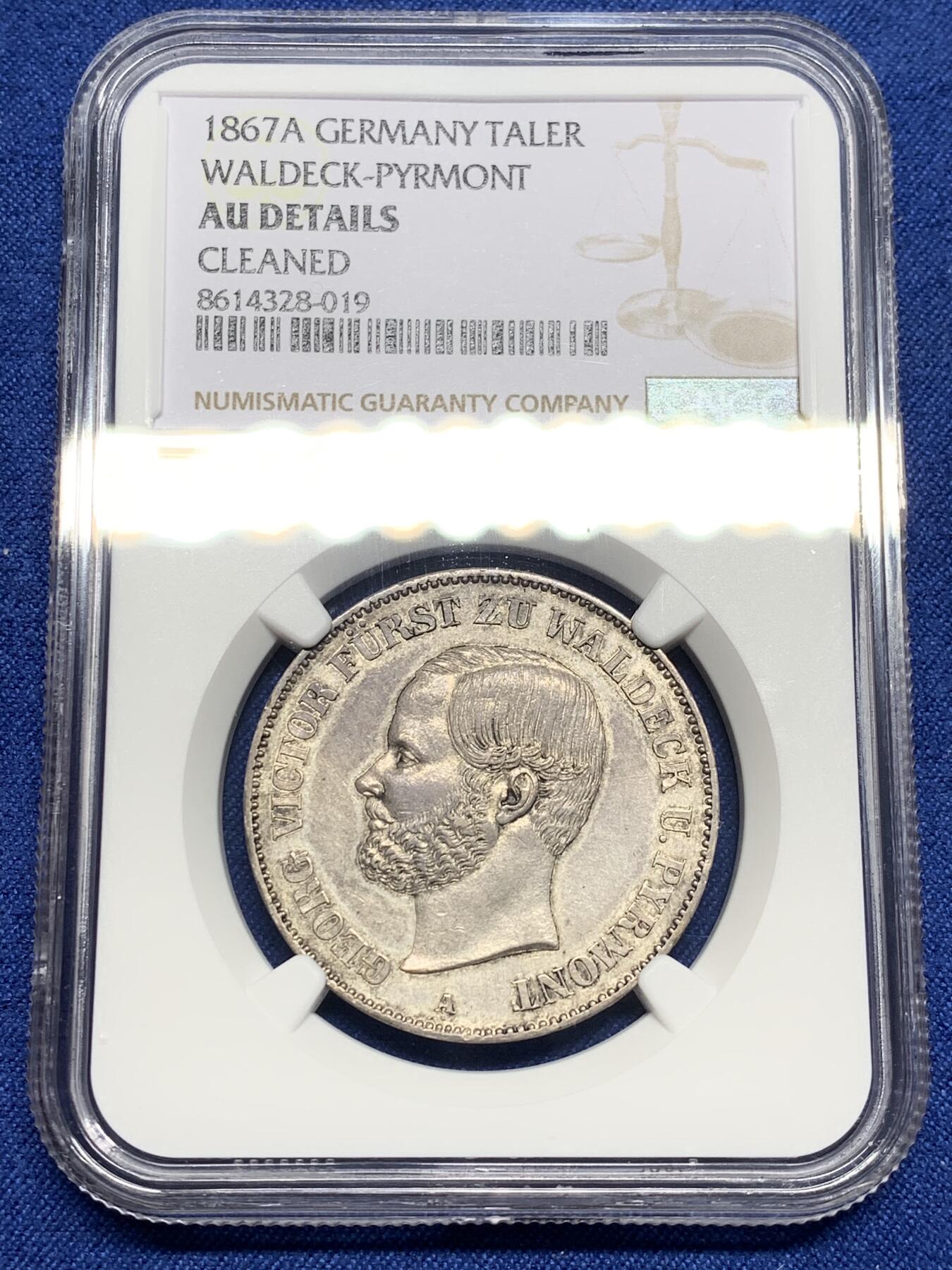 《竞宝斋》第469场 周日，周一 2场连拍 （全场包邮）欢迎送拍 NGC AUD 德国 德意志 1泰勒 瓦尔德克 Thun.410 KM#0135 (1859-1867) 格奥尔格·维克多 1867年  双年发行，高难小邦，1867年仅发行19000枚，纸袋包浆。