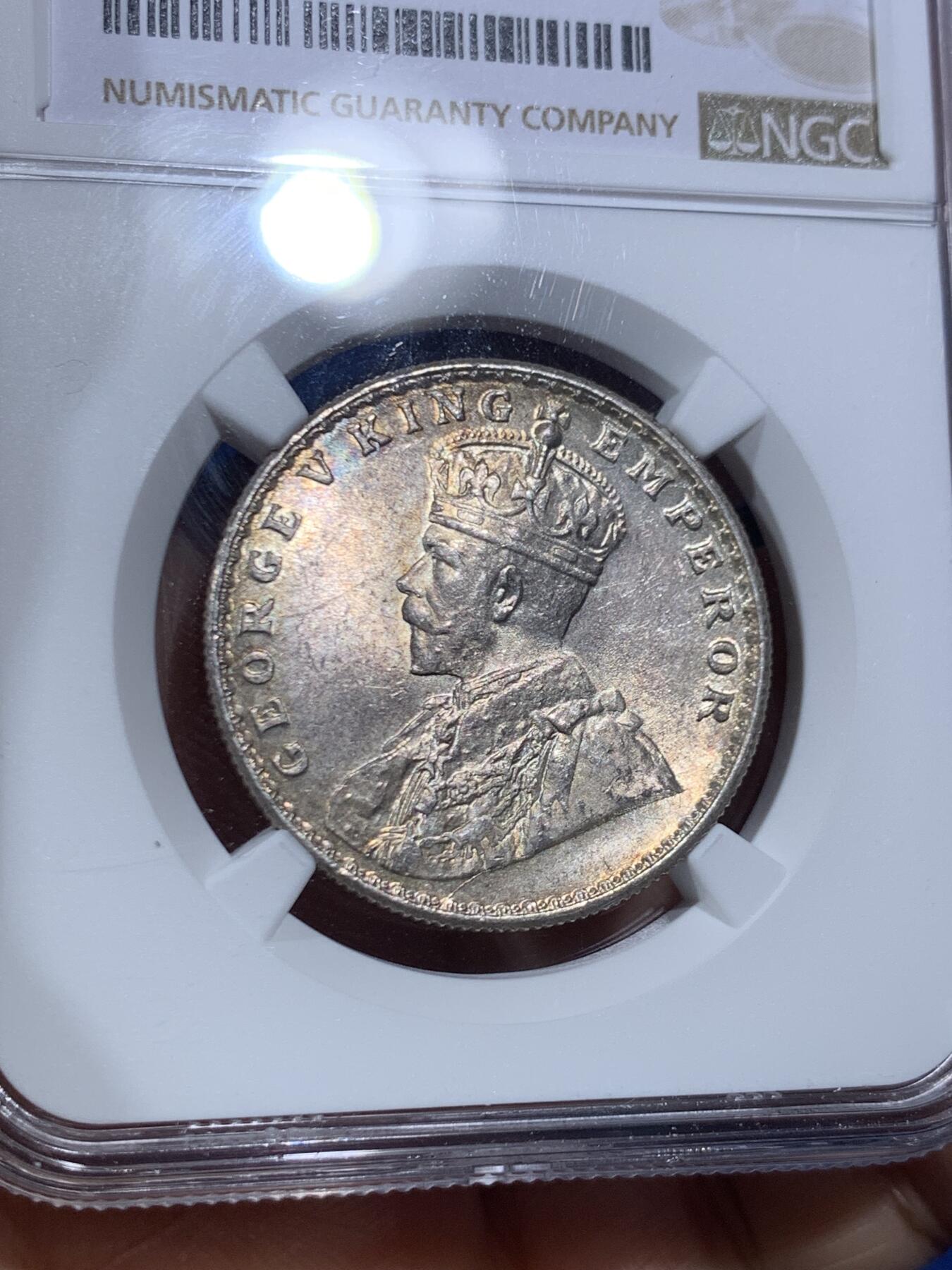 《竞宝斋》第469场 周日，周一 2场连拍 （全场包邮）欢迎送拍 NGC MS64 英属印度 1919年 乔治五世 1卢比 银币