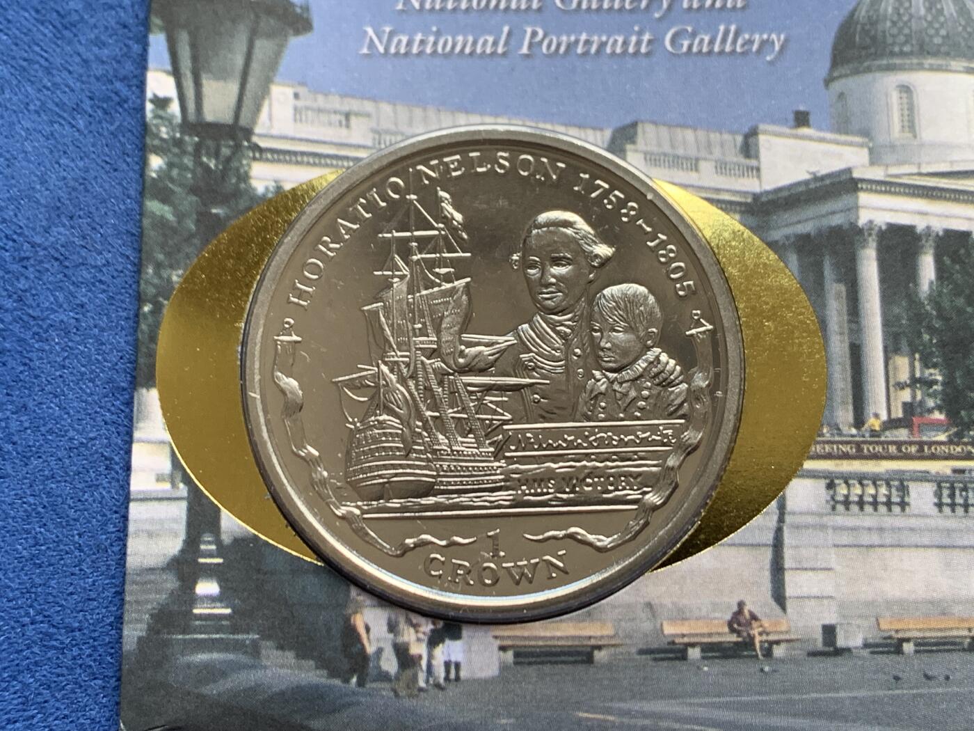 《竞宝斋》第469场 周日，周一 2场连拍 （全场包邮）欢迎送拍 英国福克兰群岛2005年国家肖像画廊150周年1克朗纪念币，邮币封，附10张邮票