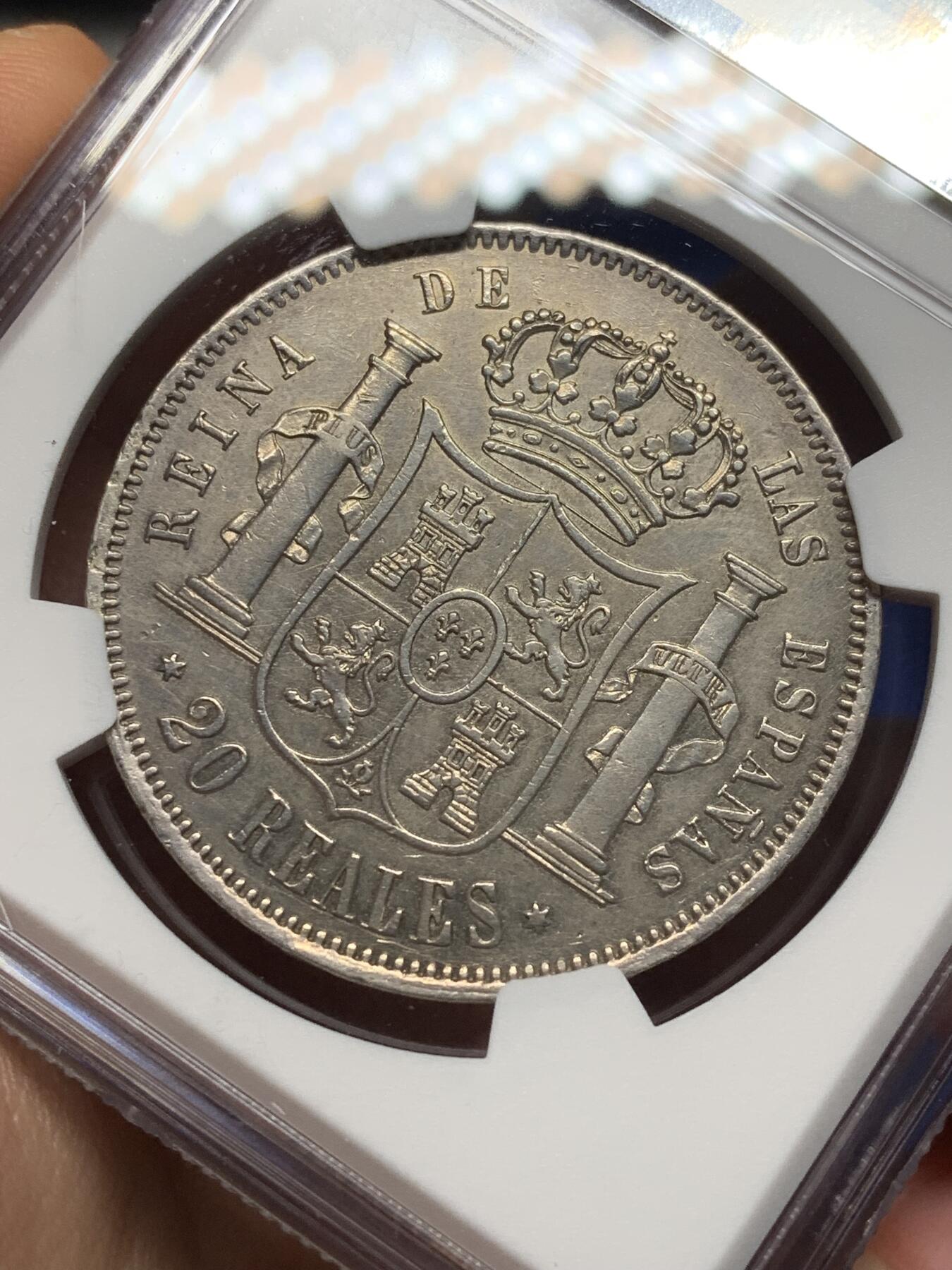 《竞宝斋》第469场 周日，周一 2场连拍 （全场包邮）欢迎送拍 NGC AUD 西班牙 1860年 猪头妹 20R大银币