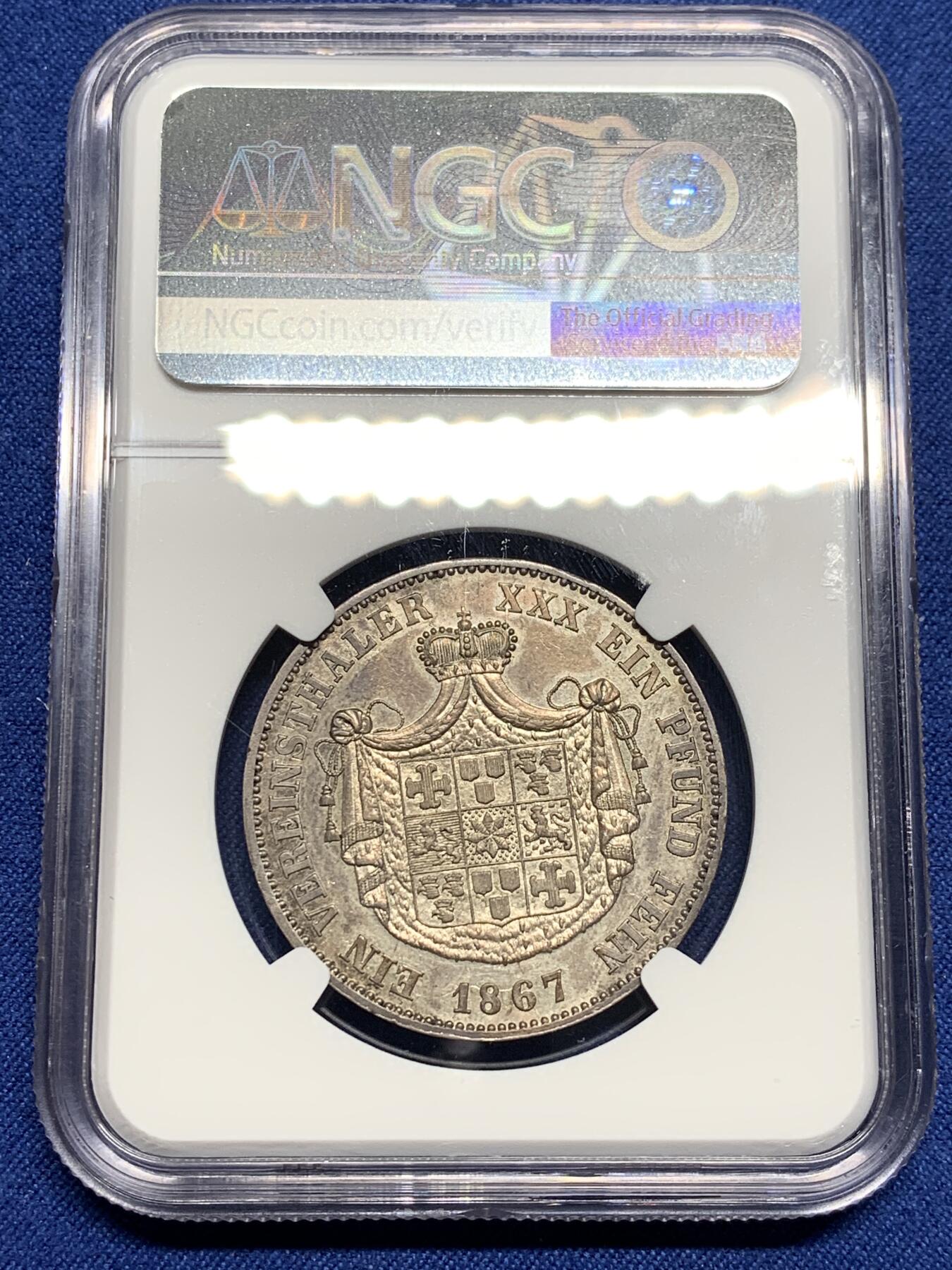 《竞宝斋》第469场 周日，周一 2场连拍 （全场包邮）欢迎送拍 NGC AUD 德国 德意志 1泰勒 瓦尔德克 Thun.410 KM#0135 (1859-1867) 格奥尔格·维克多 1867年  双年发行，高难小邦，1867年仅发行19000枚，纸袋包浆。