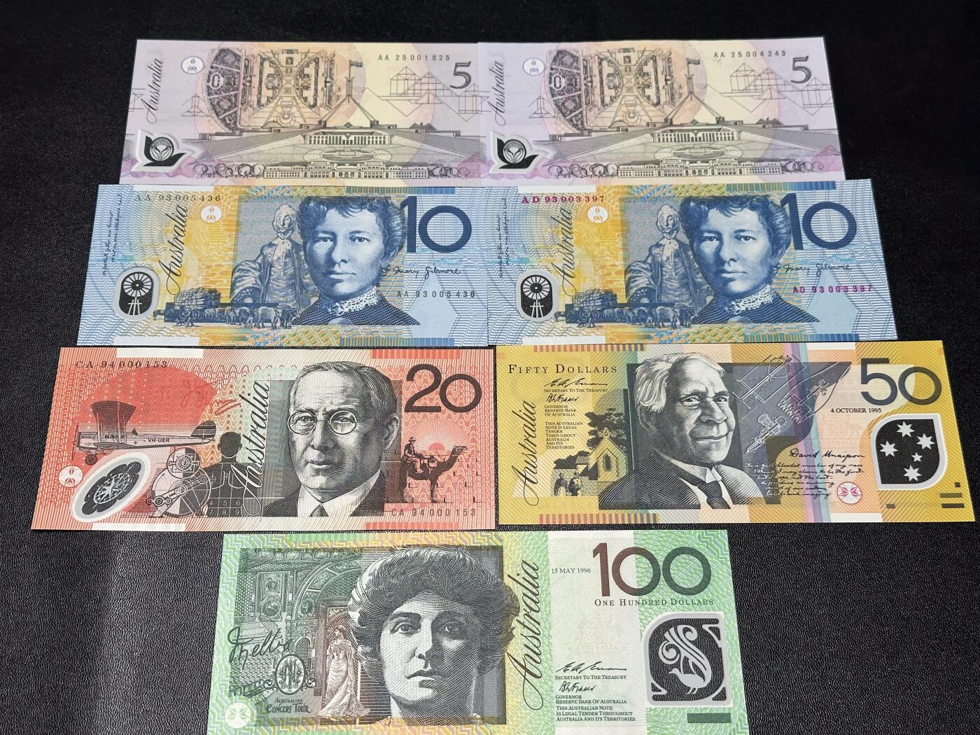 《外钞收藏家》第六百一十六期（精品场）（长期征集拍品、欢迎藏友们联系合作） 澳大利亚塑料钞5-100元 7张一起 首发年份带日期 全新UNC