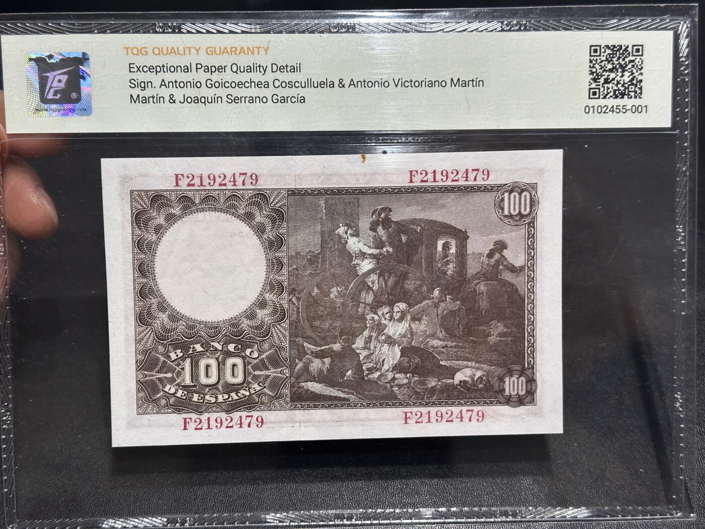 《外钞收藏家》第六百一十六期（精品场）（长期征集拍品、欢迎藏友们联系合作） 1948年西班牙100比塞塔 TQG评级64 生日号