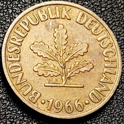 泉币菌-第206场-拍品多 请提前出价 联邦德国 1966年10芬尼铜币 橡树麦穗  21.5mm