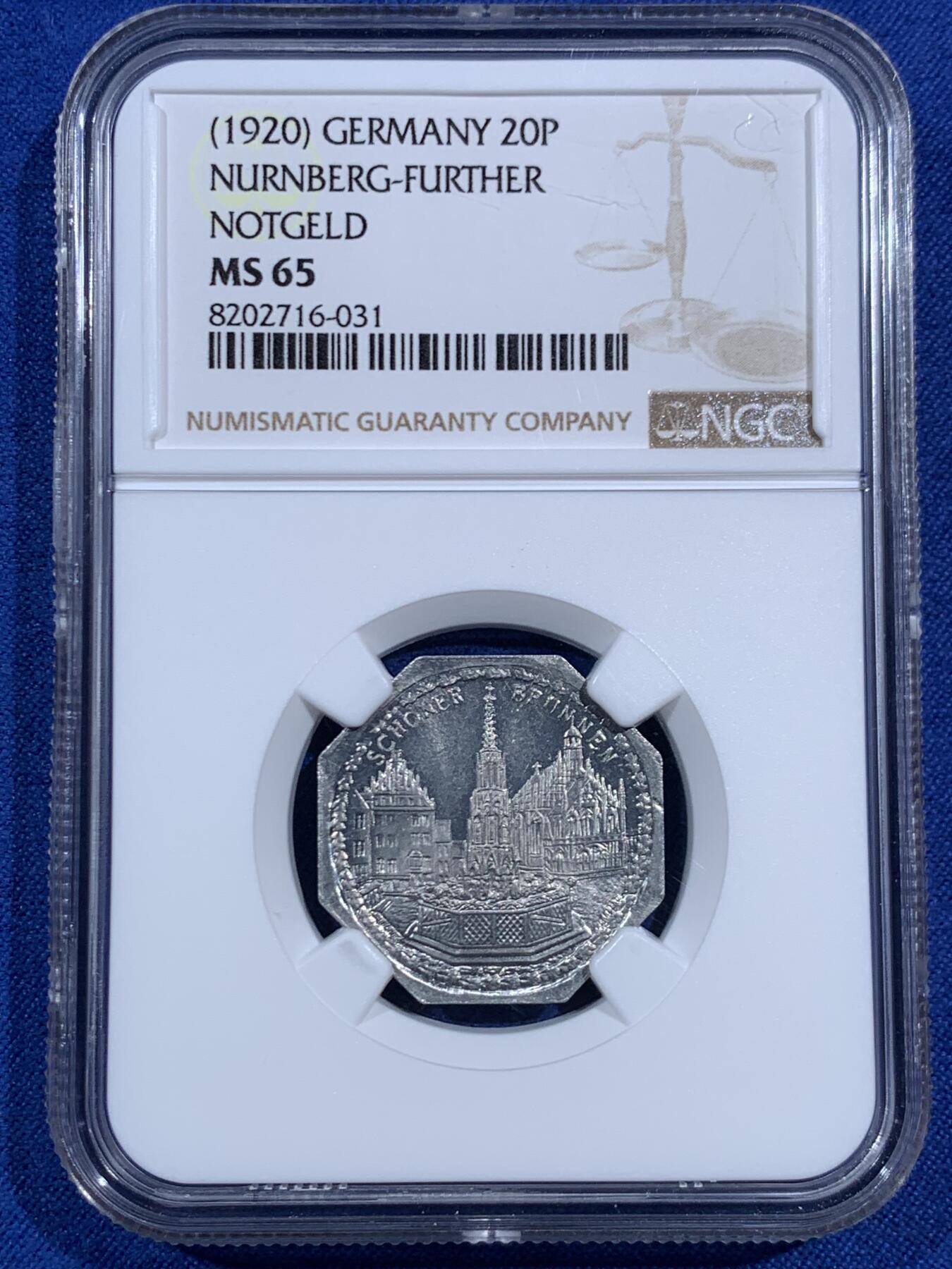 《竞宝斋》第469场 周日，周一 2场连拍 （全场包邮）欢迎送拍 NGC MS65 德国紧急状态纽伦堡ND（1920年）美因茨喷泉20芬尼八角交通代币
