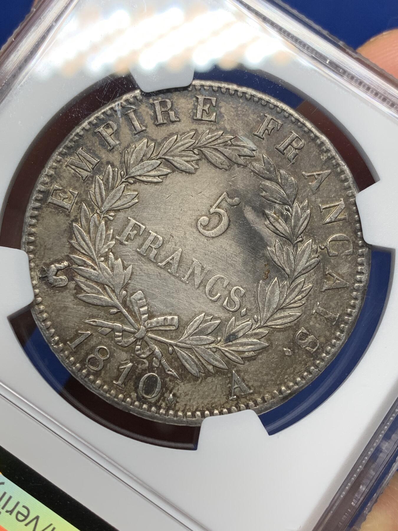 《竞宝斋》第469场 周日，周一 2场连拍 （全场包邮）欢迎送拍 NGC AUD 法国1810年拿破仑5法郎银币