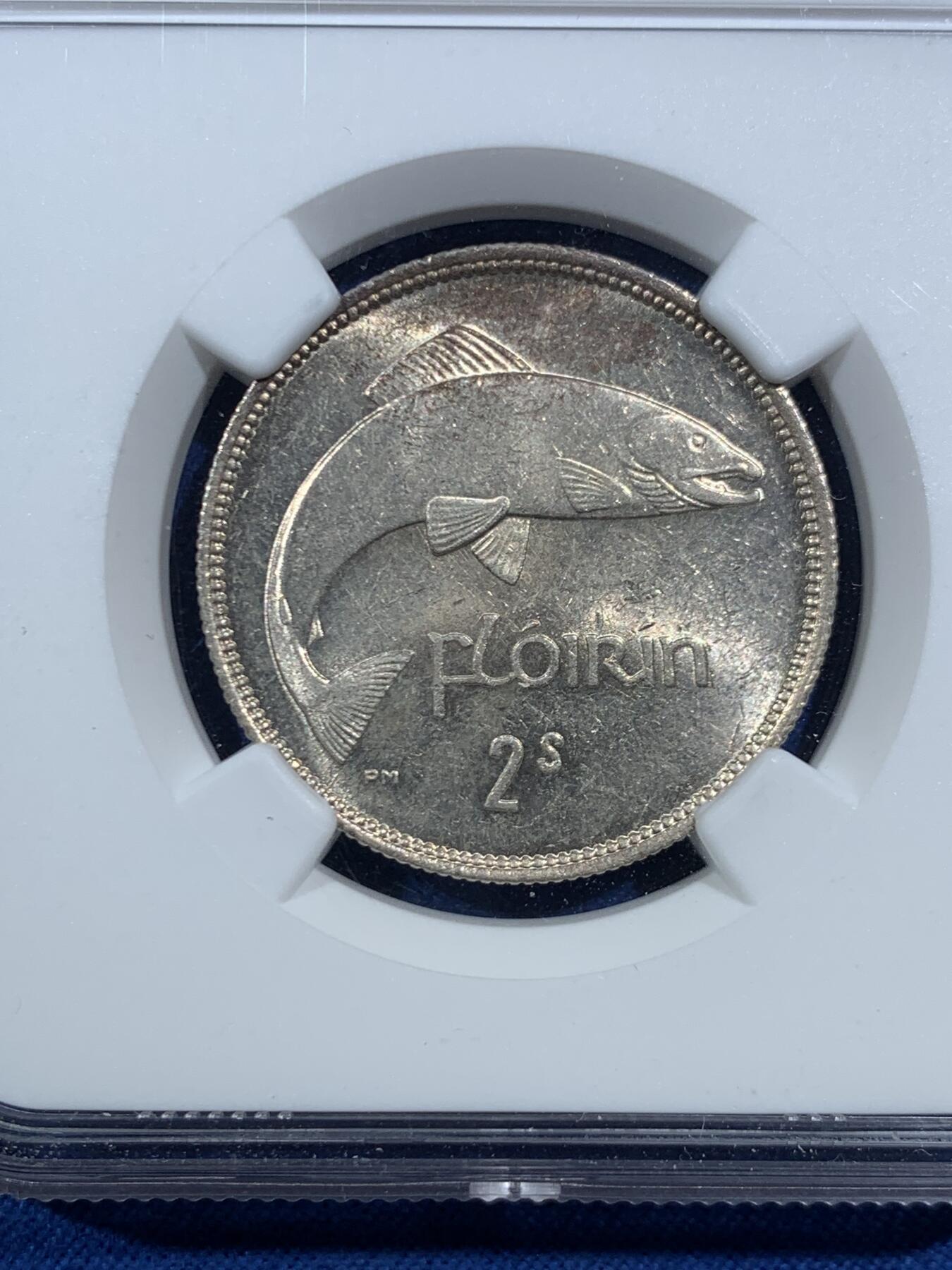 《竞宝斋》第469场 周日，周一 2场连拍 （全场包邮）欢迎送拍 NGC MS61 爱尔兰1941年鲑鱼弗洛林银币，转光不错，为较少的一个年份