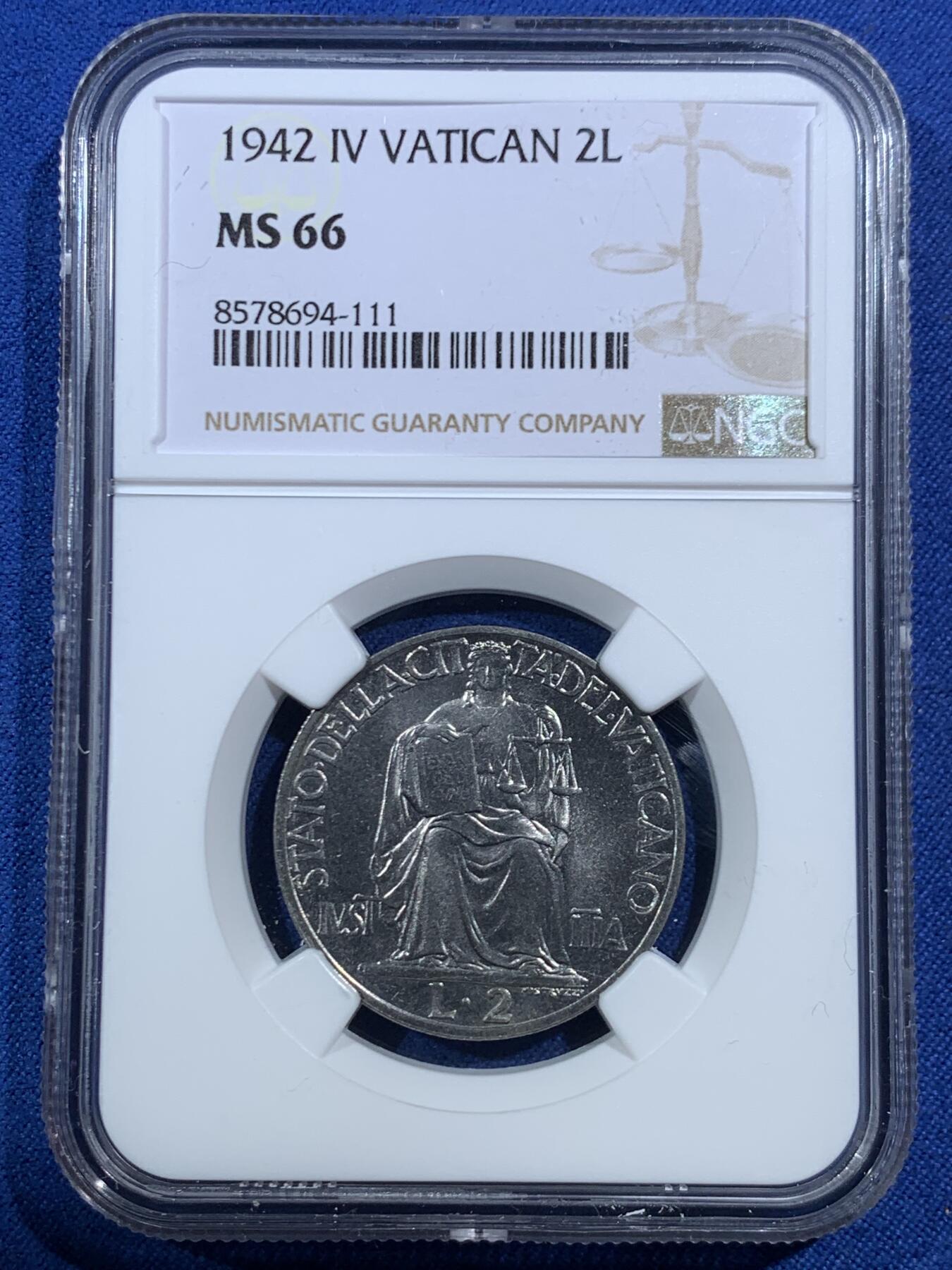 《竞宝斋》第469场 周日，周一 2场连拍 （全场包邮）欢迎送拍 NGC MS66 梵蒂冈1942年2里拉镍币 底板丝滑干净