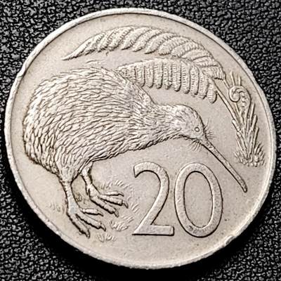 泉币菌-第206场-拍品多 请提前出价  1974年 英属新西兰20分镍币 几维鸟  伊丽莎白二世女王 28.5mm  