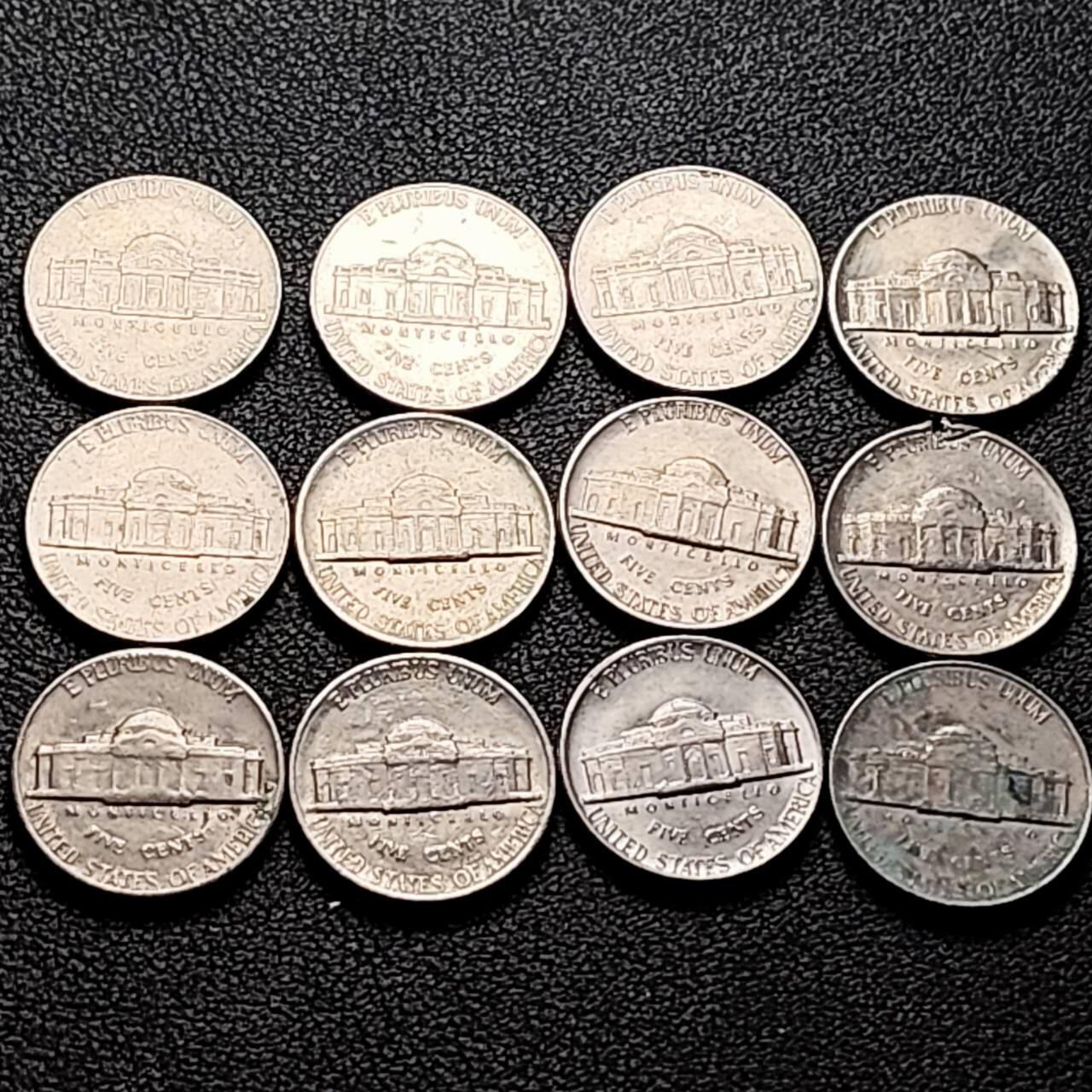 泉币菌-第206场-拍品多 请提前出价 12枚一组 美国 杰斐逊纪念币镍币 混合年份未挑
